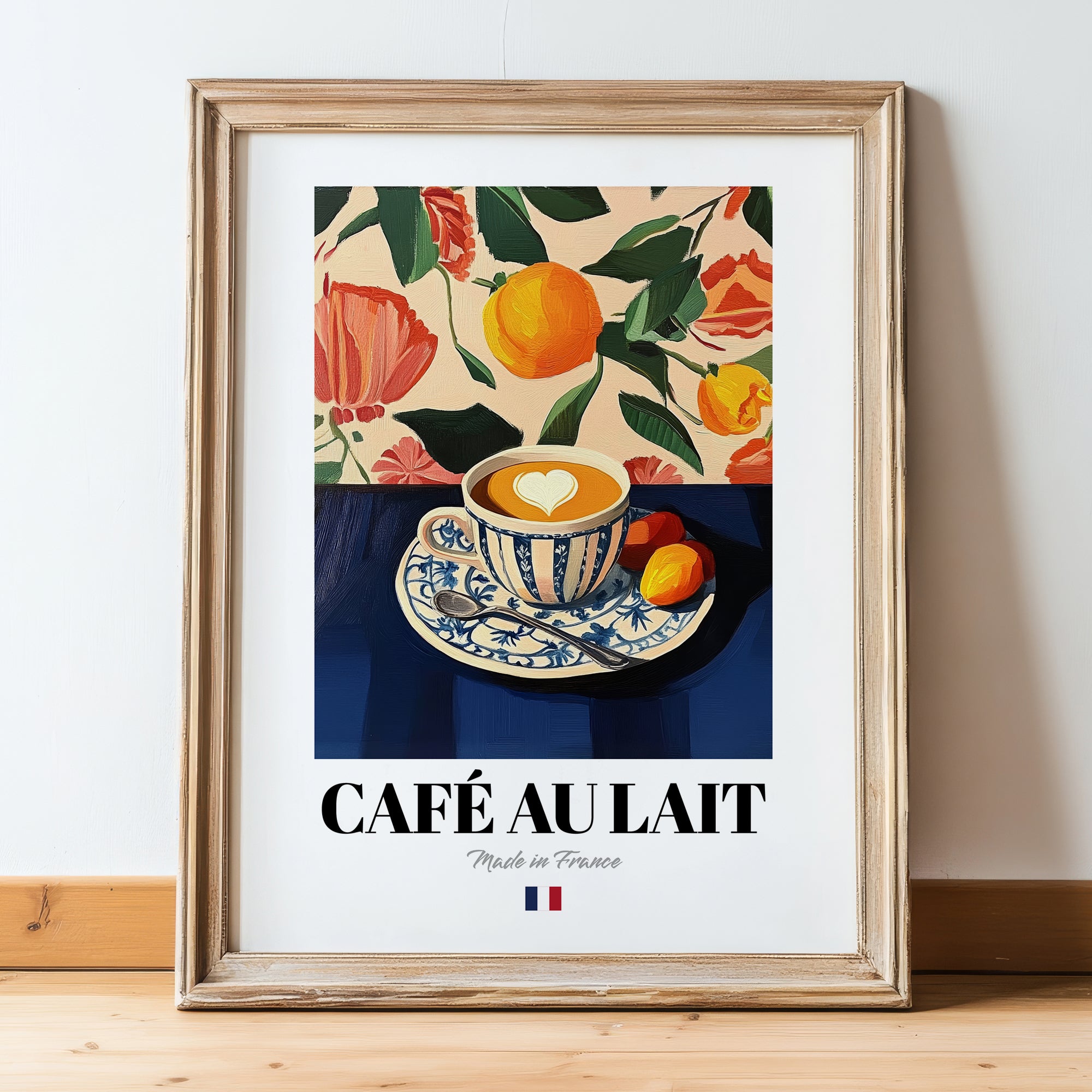 Café au Lait – French Coffee, Café Painting, in wooden frame leaning on the floor
