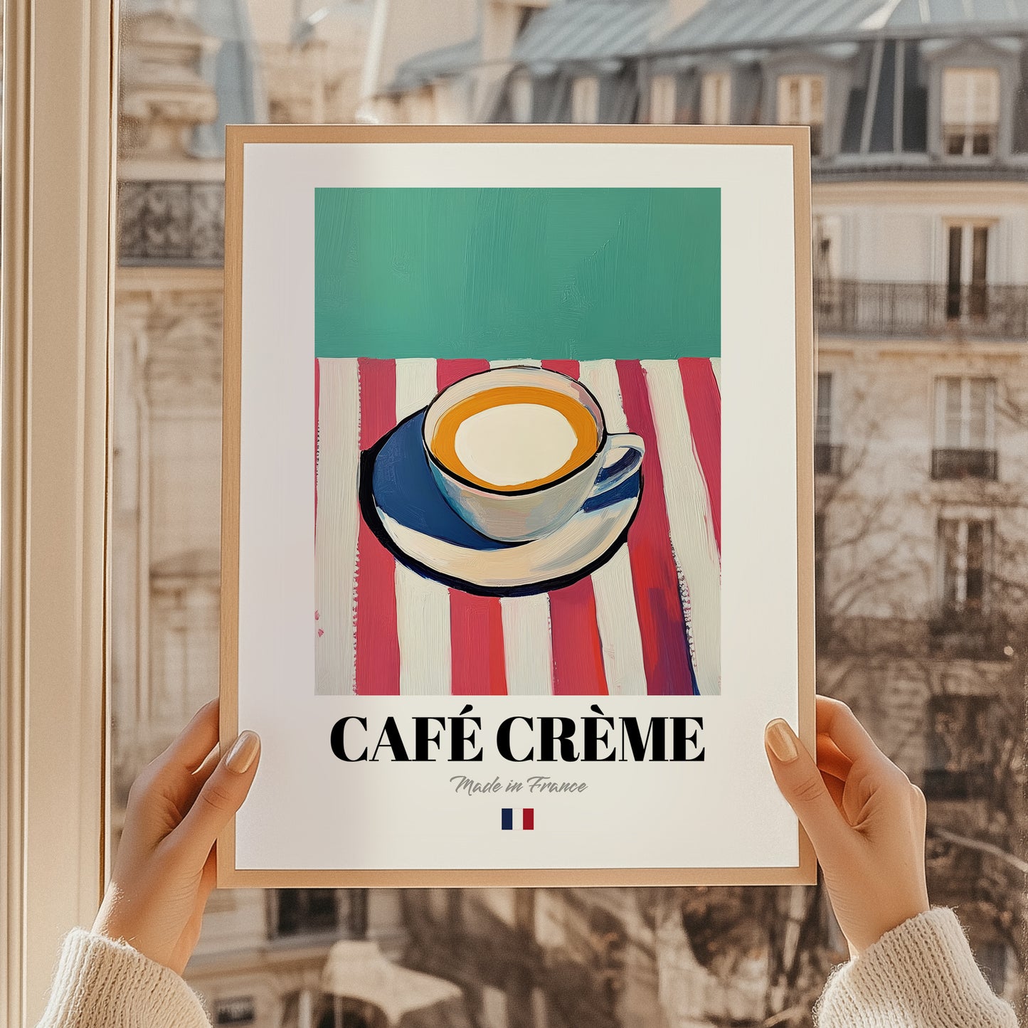 Café Crème – French Coffee, Konditorei Poster, styled in a charming Paris street view