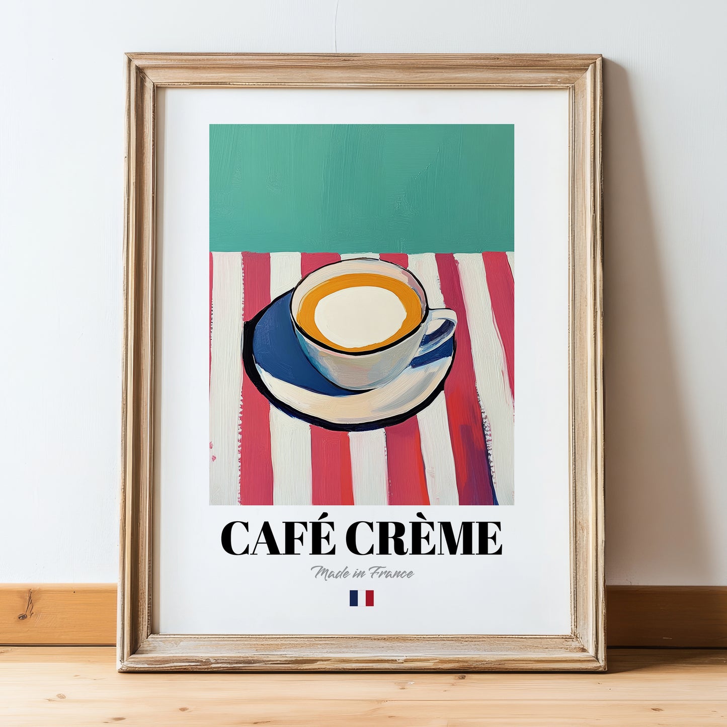 Café Crème – French Coffee, Konditorei Poster, in wooden frame leaning on the floor