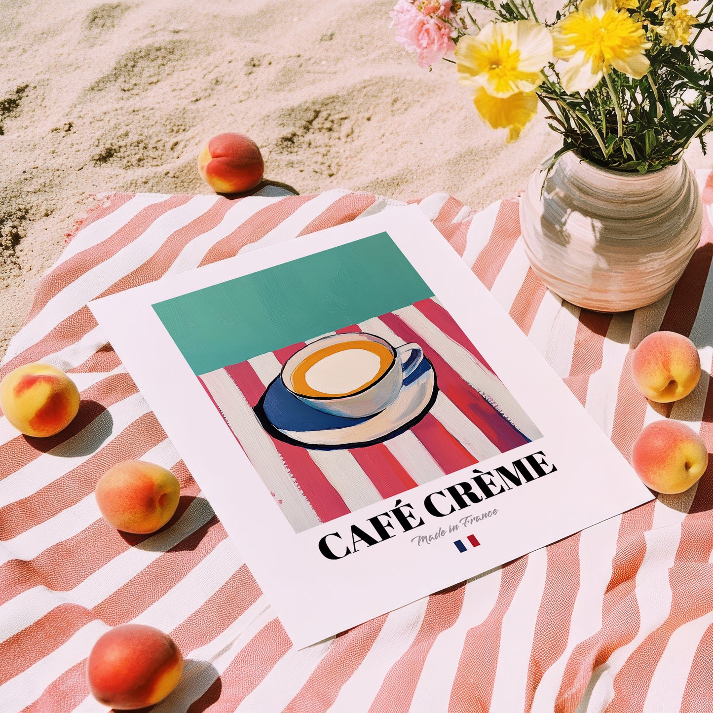 Café Crème – French Coffee, Konditorei Poster, unframed on coastal sand