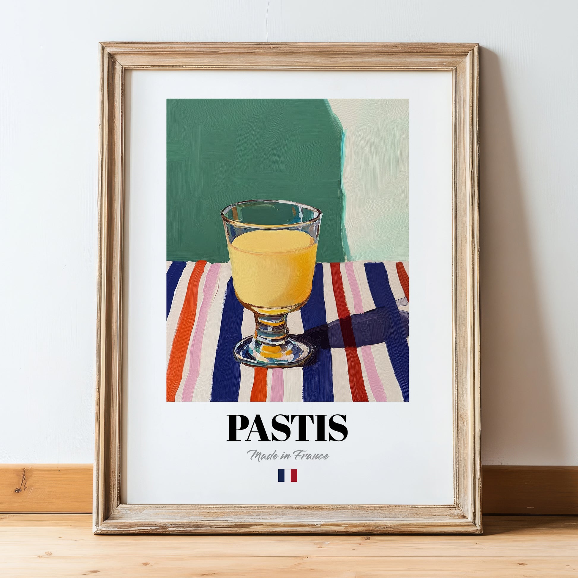 Pastis – French Spirit Drink, Rooftop Terrace Still Life, in wooden frame leaning on the floor