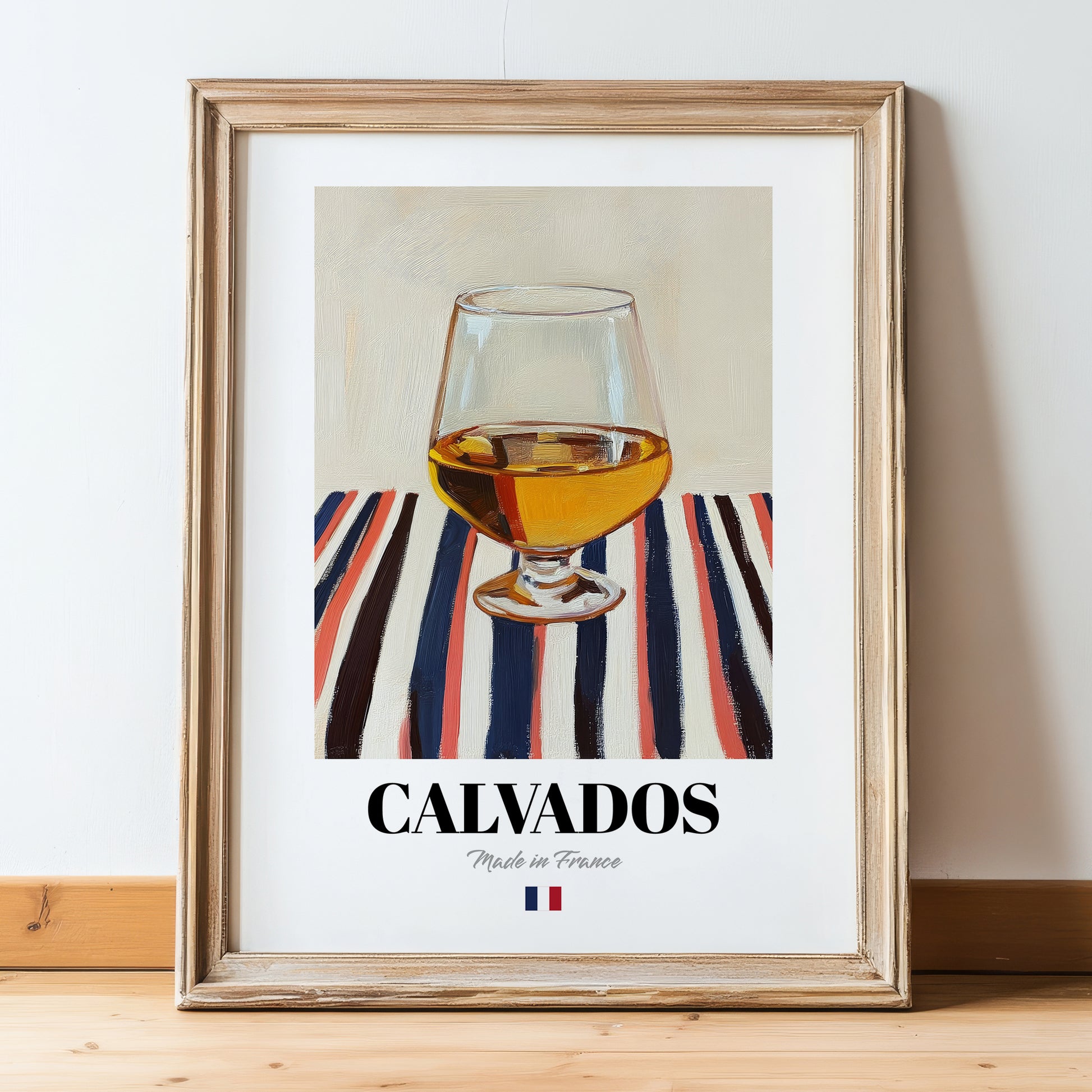 Calvados – French Spirit Drink, Beach Bar Illustration, in wooden frame leaning on the floor