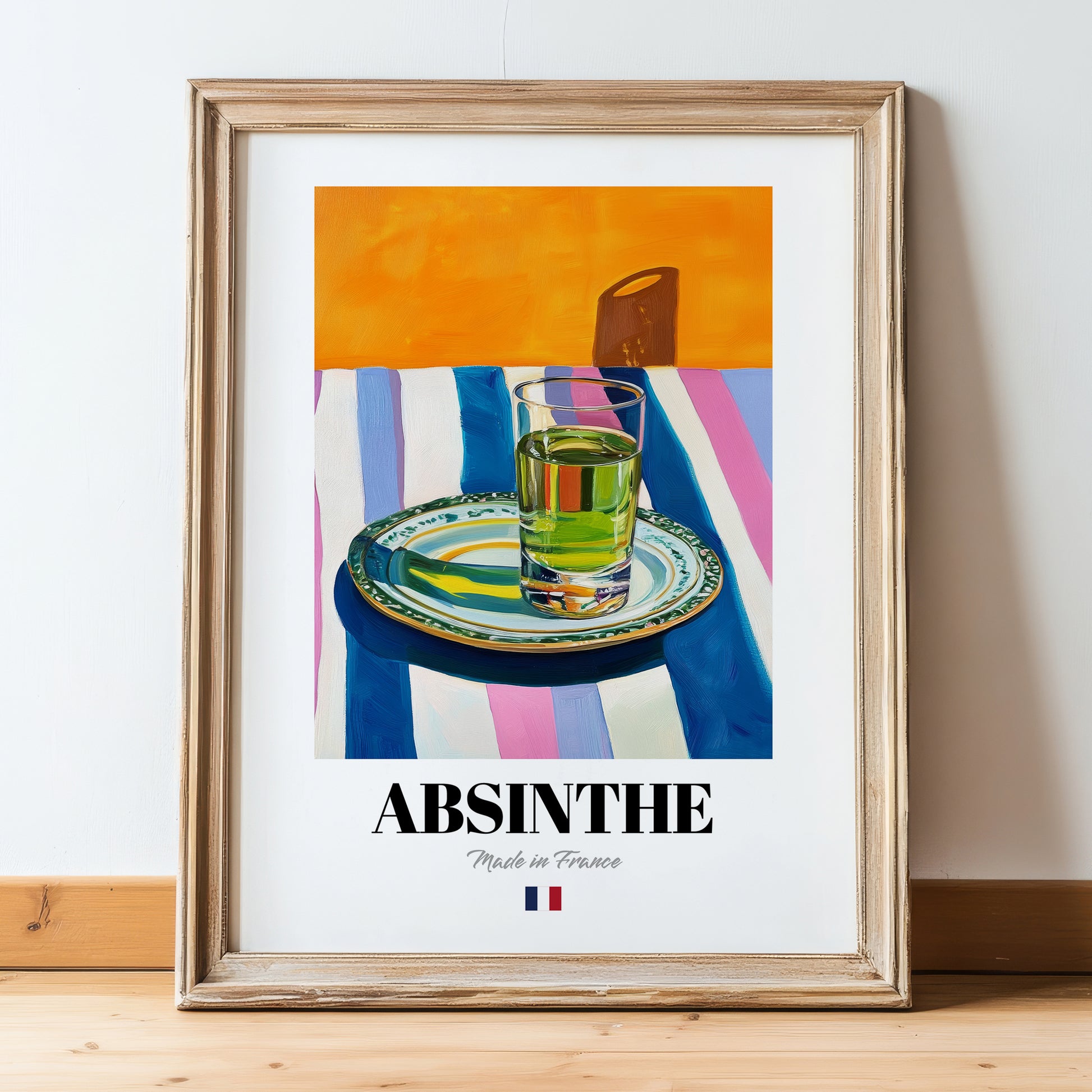 Absinthe – French Spirit Drink, Hotel Lobby Illustration, in wooden frame leaning on the floor