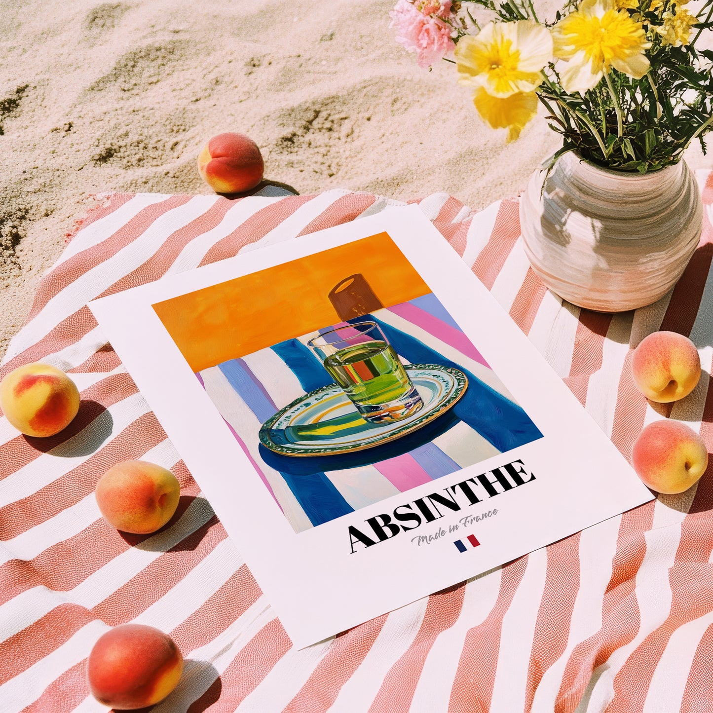 Absinthe – French Spirit Drink, Hotel Lobby Illustration, unframed on coastal sand