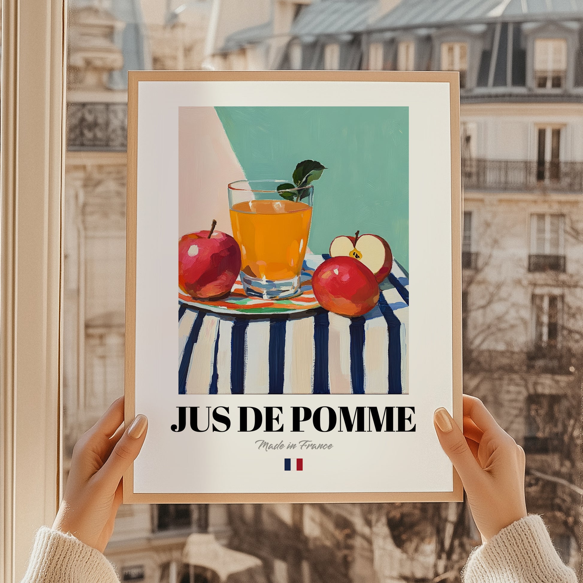 Jus de Pomme – French Beverage Drink, Cocktail Lounge Poster, styled in a charming Paris street view