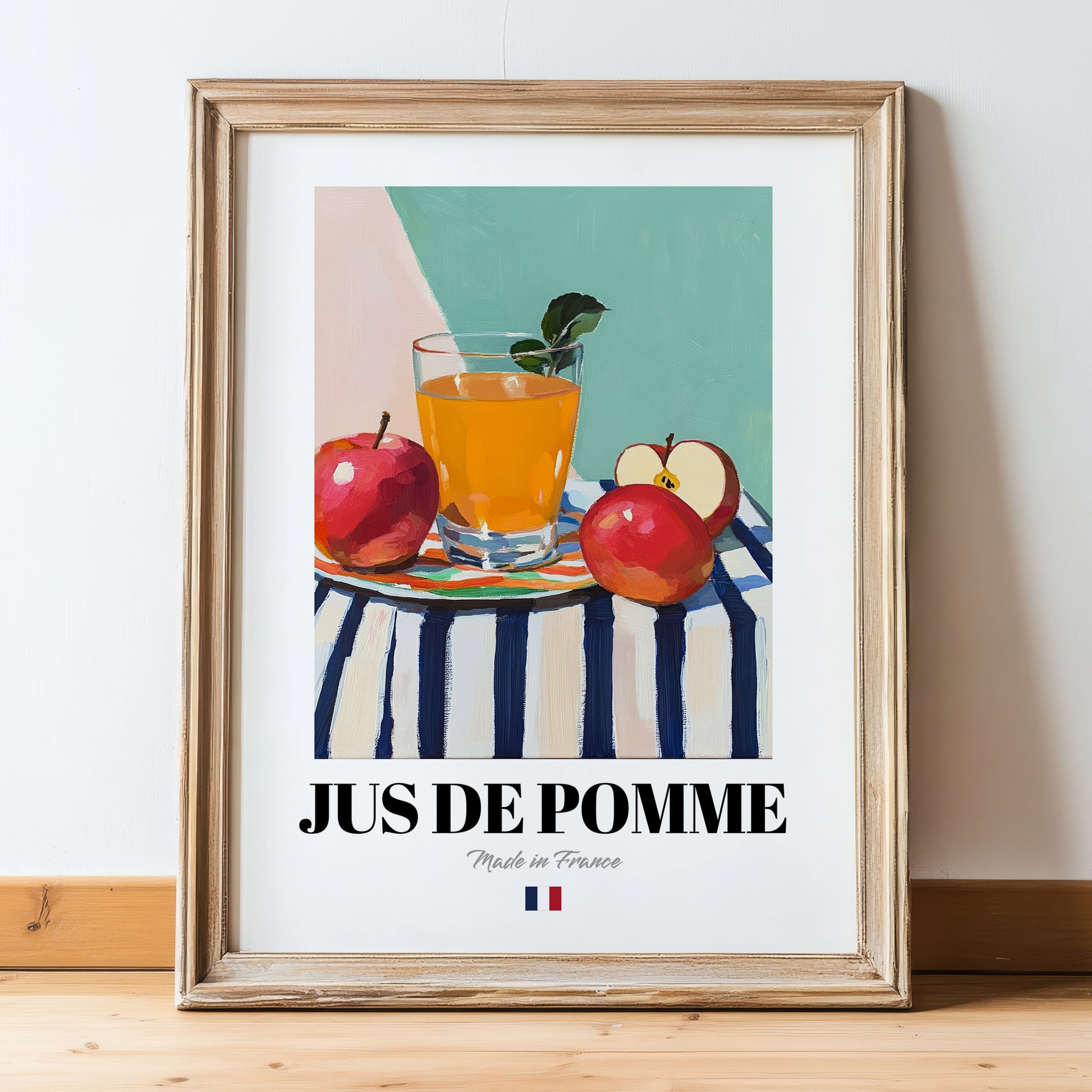 Jus de Pomme – French Beverage Drink, Cocktail Lounge Poster, in wooden frame leaning on the floor