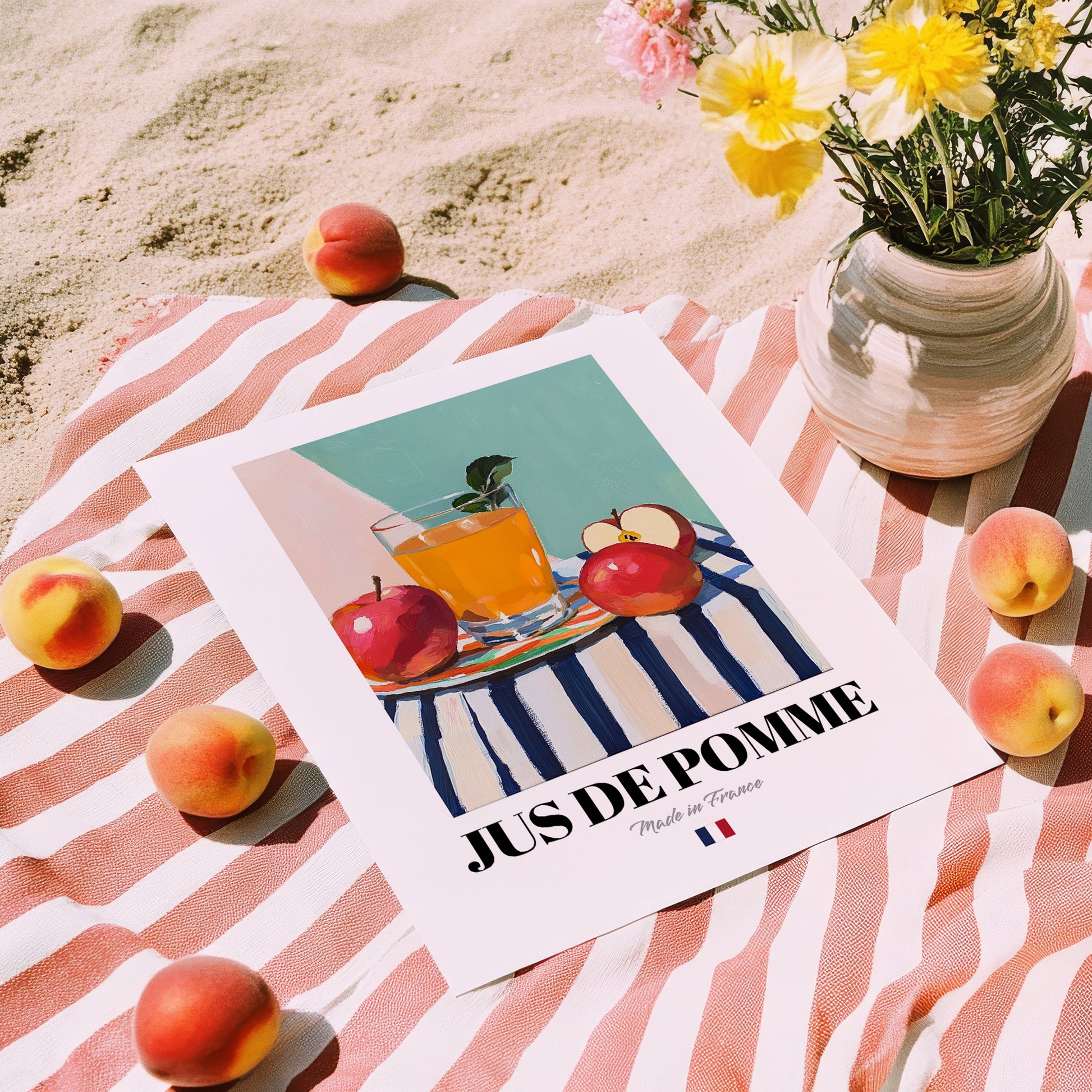 Jus de Pomme – French Beverage Drink, Cocktail Lounge Poster, unframed on coastal sand