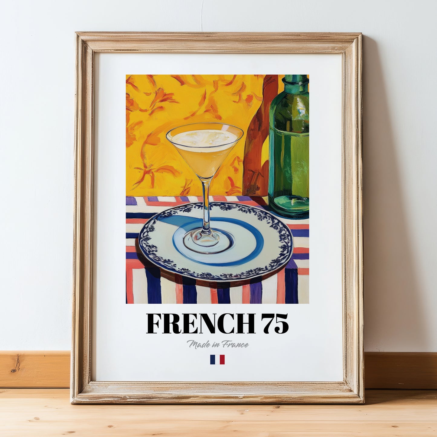 French 75 – French Cocktail Drink, Sky Bar Art, in wooden frame leaning on the floor