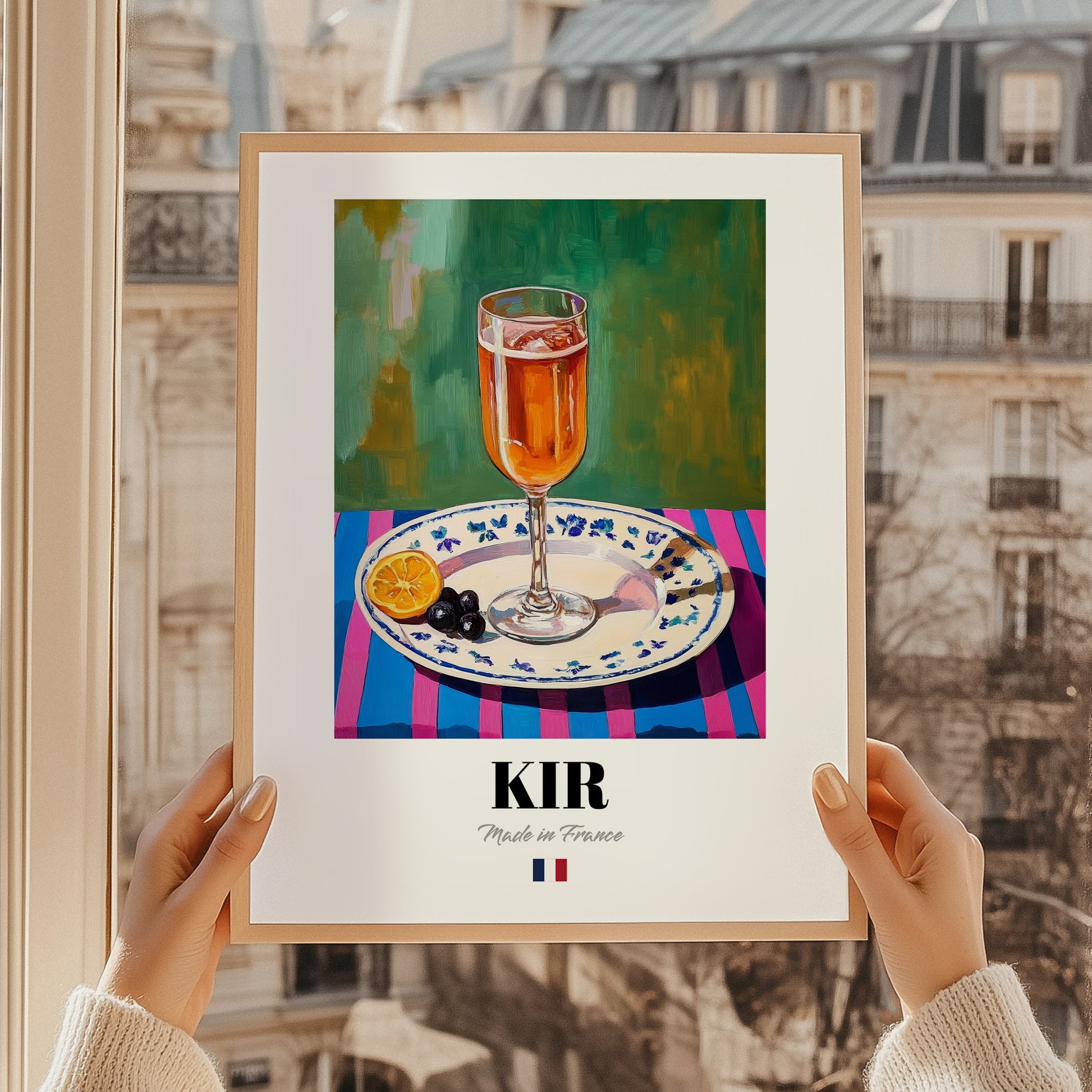 Kir – French Cocktail Drink, Sky Bar Illustration, styled in a charming Paris street view