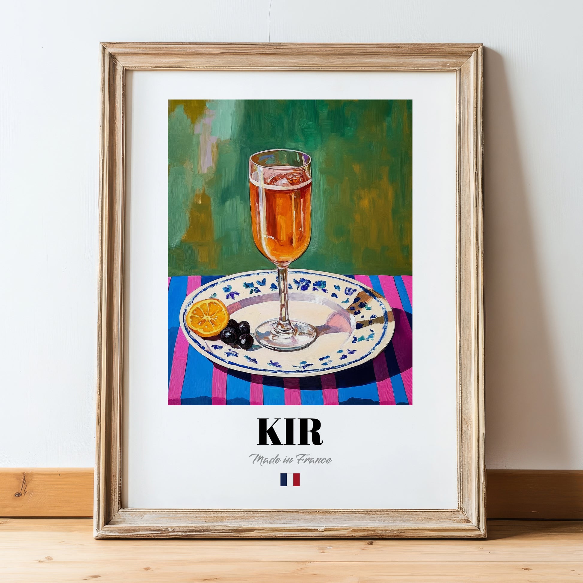 Kir – French Cocktail Drink, Sky Bar Illustration, in wooden frame leaning on the floor
