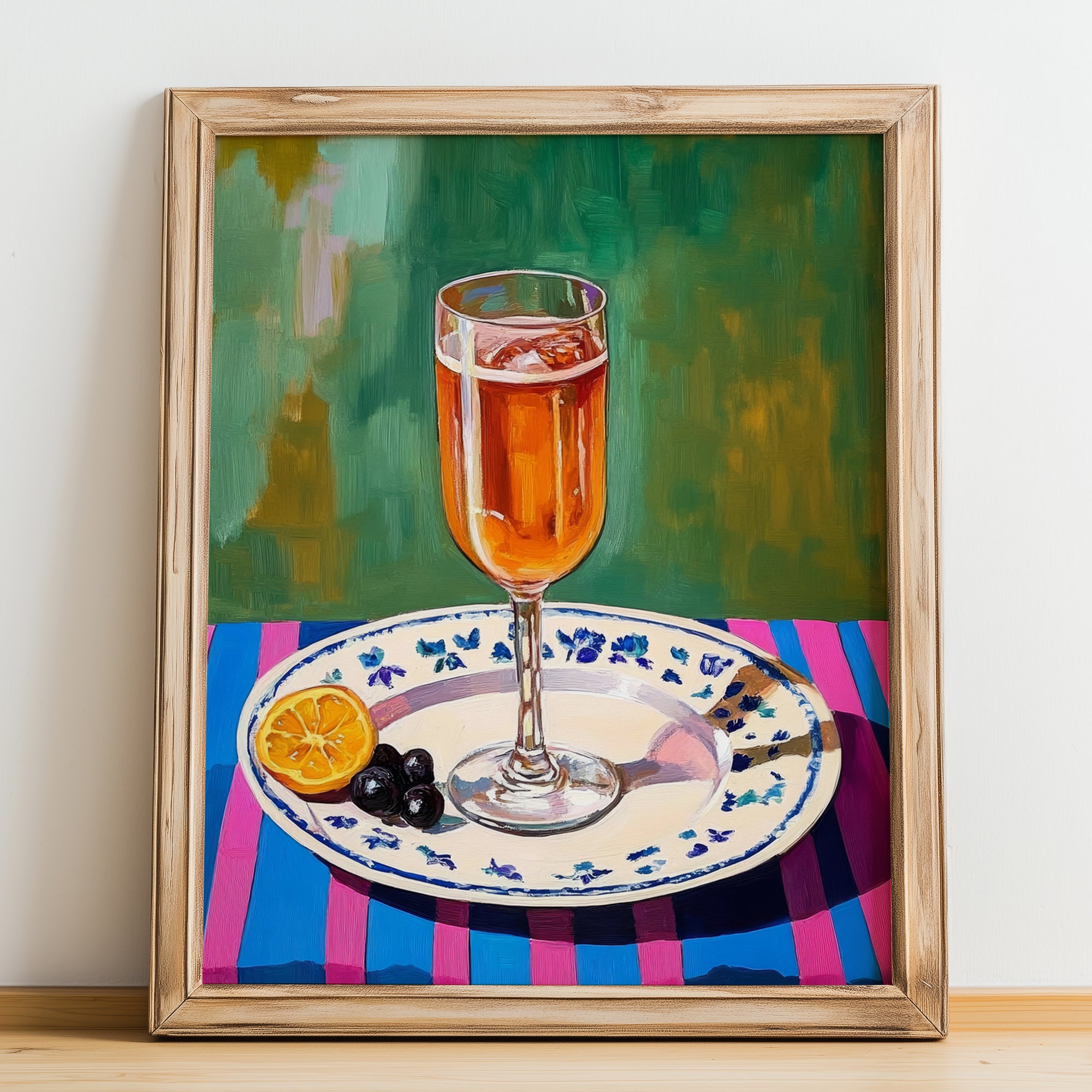 Kir – French Cocktail Drink, Sky Bar Illustration, no-text version framed in wood