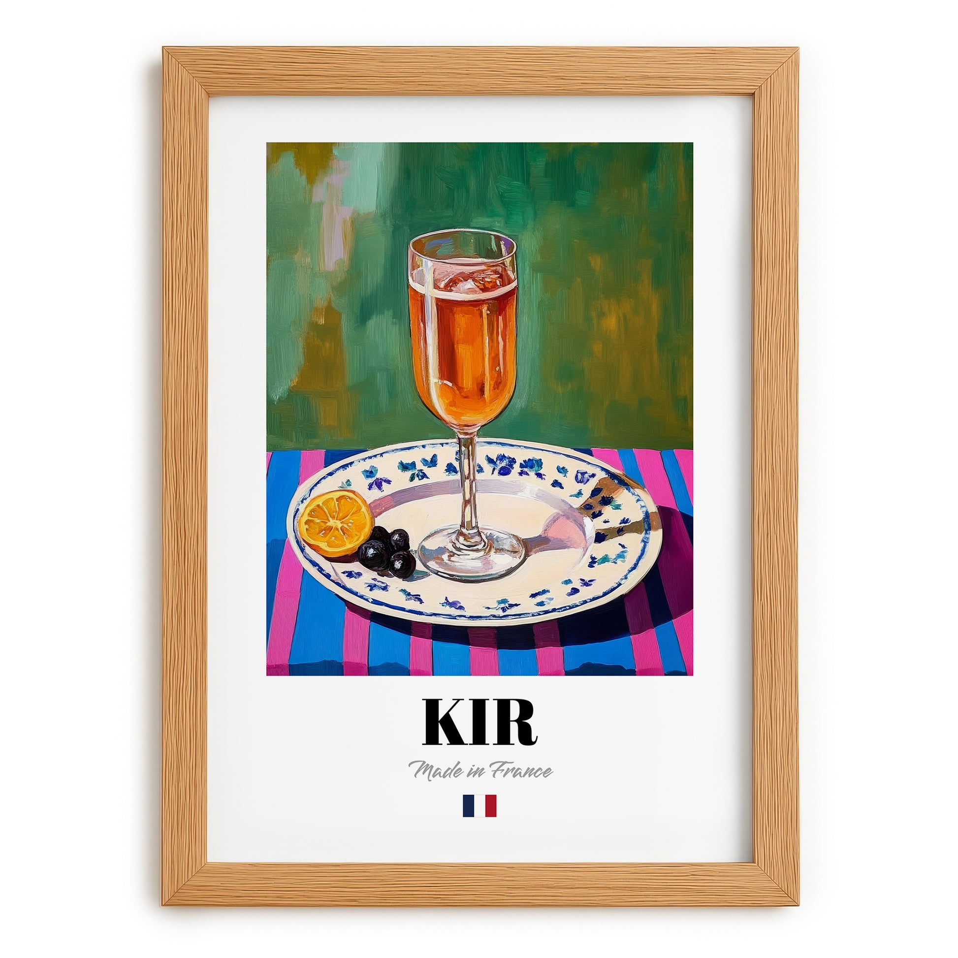 Kir – French Cocktail Drink, Sky Bar Illustration, set in oak frame