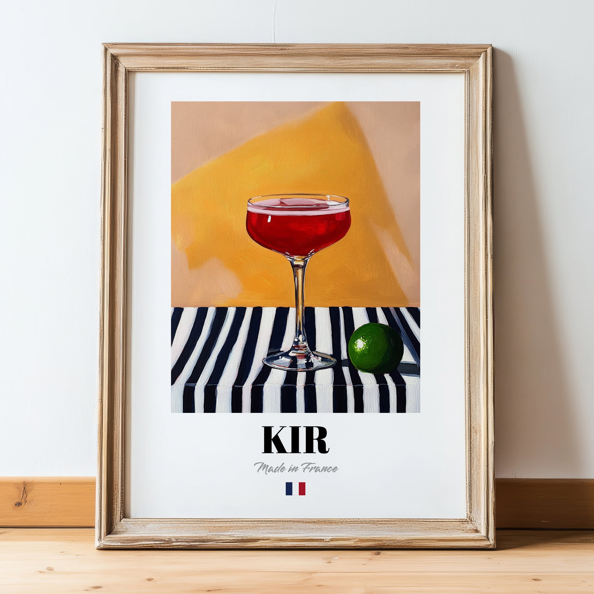 Kir – French Cocktail Drink, Beach Bar Still Life, in wooden frame leaning on the floor