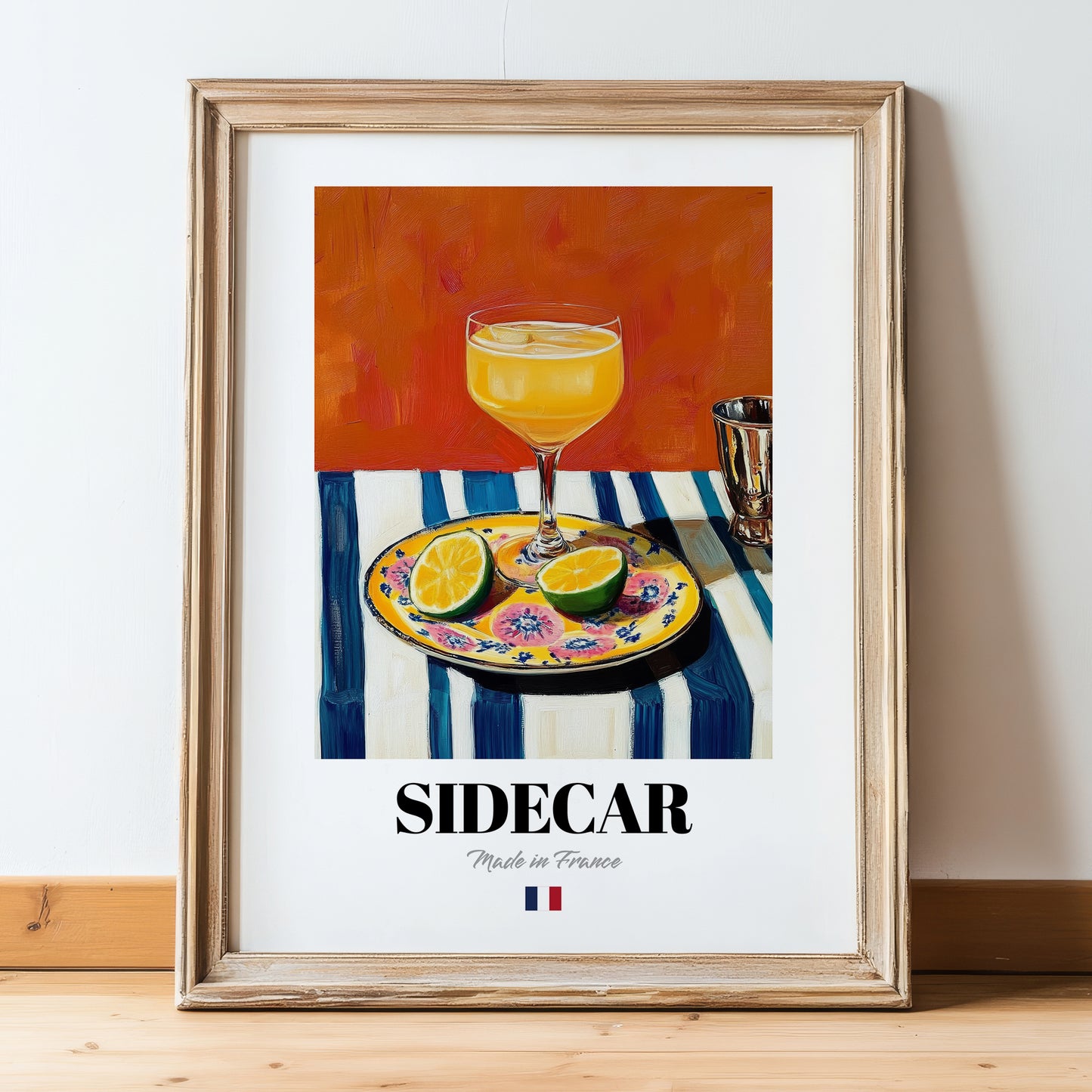 Sidecar – French Cocktail Drink, Sky Bar Poster, in wooden frame leaning on the floor