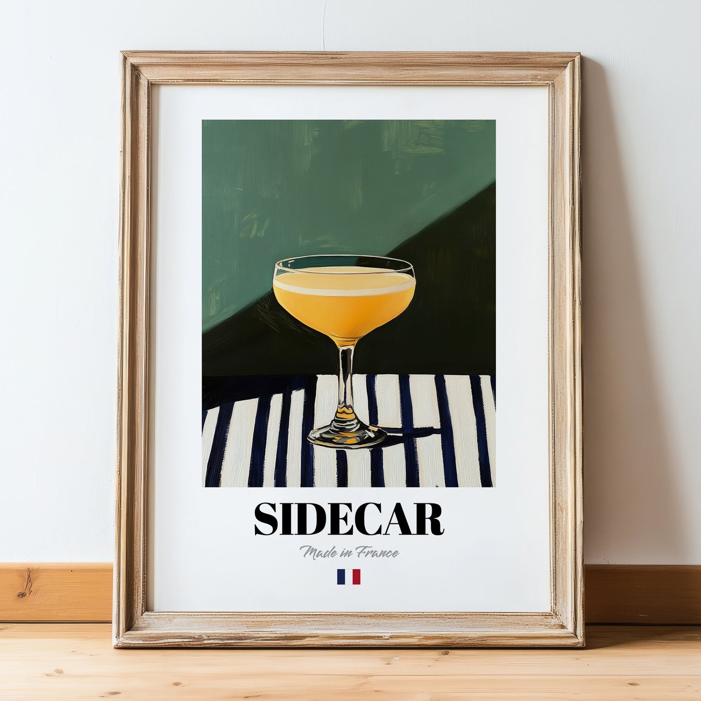 Sidecar – French Cocktail Drink, Cocktail Lounge Wall Art, in wooden frame leaning on the floor