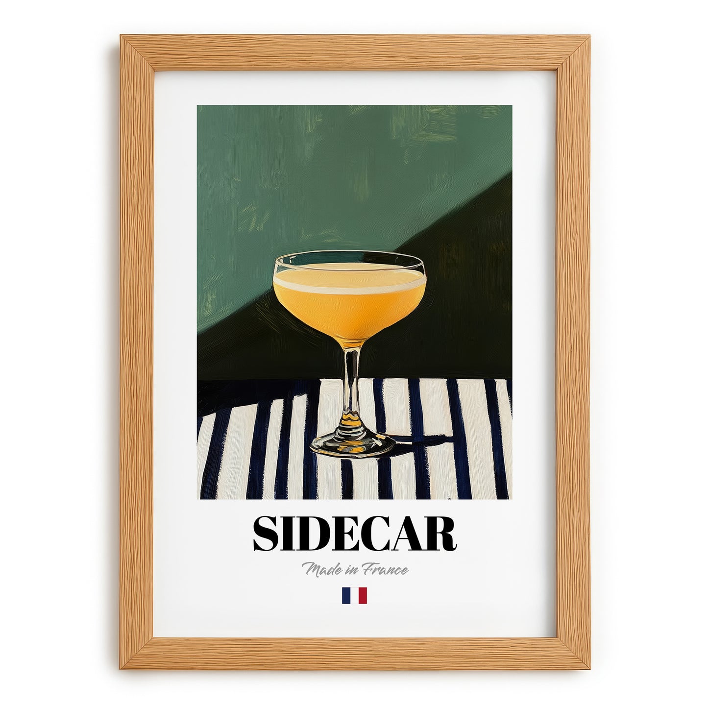 Sidecar – French Cocktail Drink, Cocktail Lounge Wall Art, set in oak frame