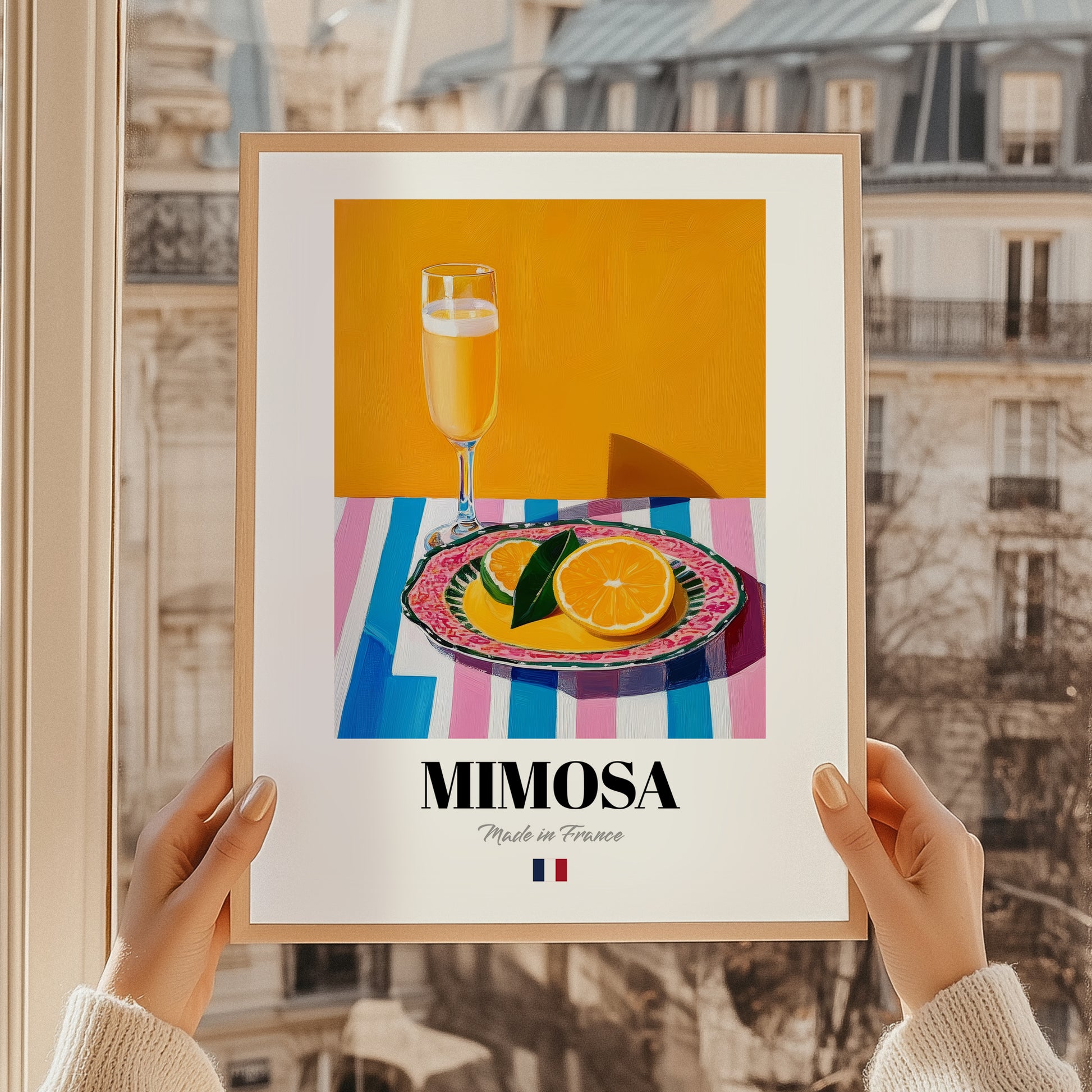 Mimosa – French Cocktail Drink, Cocktail Lounge Poster, styled in a charming Paris street view