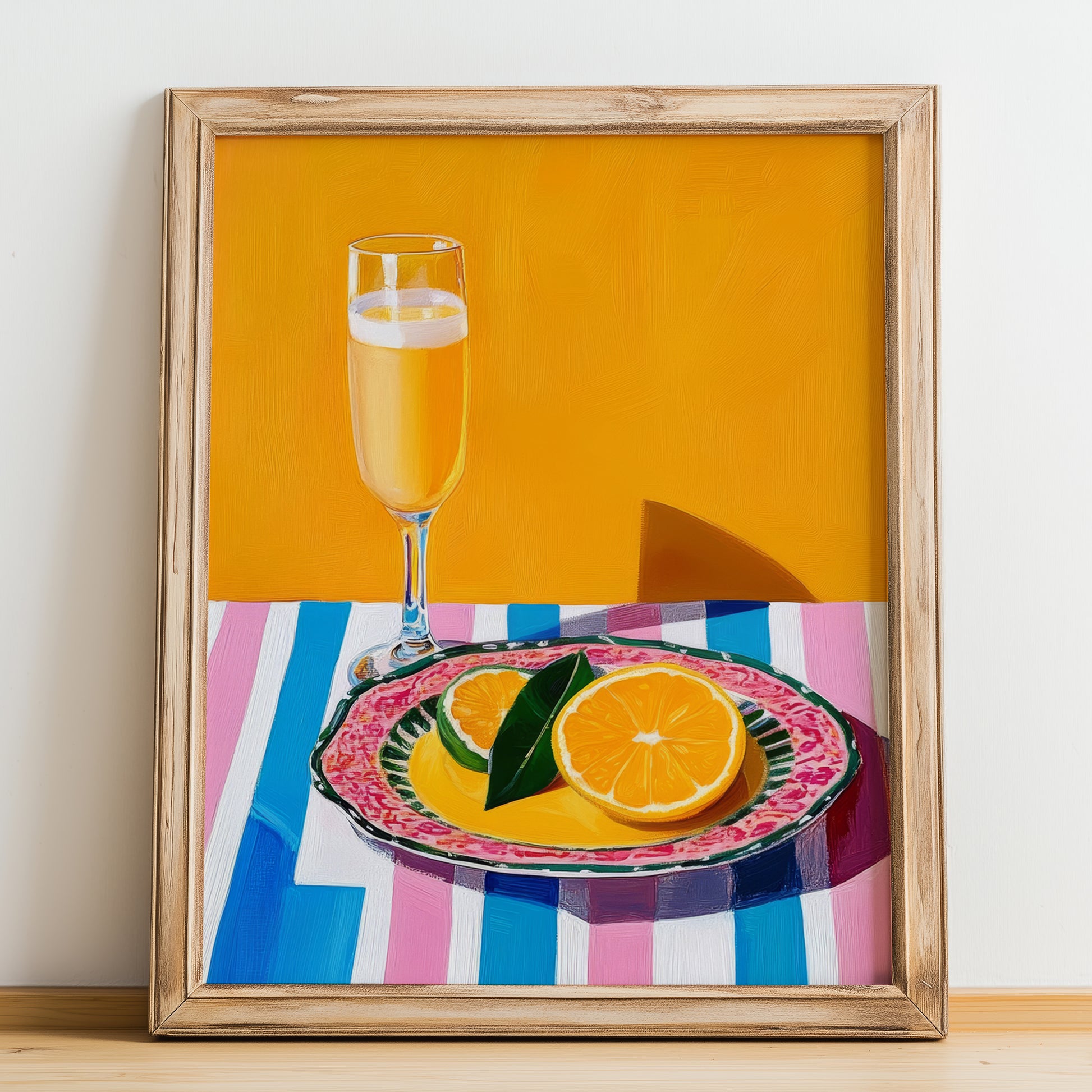 Mimosa – French Cocktail Drink, Cocktail Lounge Poster, no-text version framed in wood