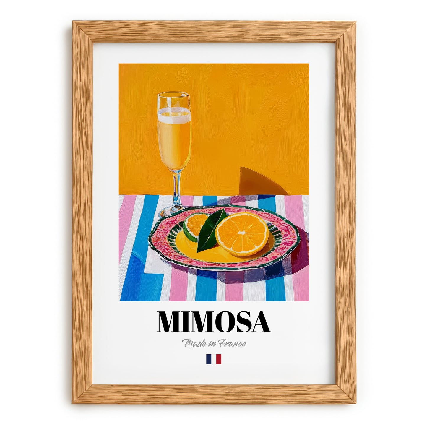 Mimosa – French Cocktail Drink, Cocktail Lounge Poster, set in oak frame