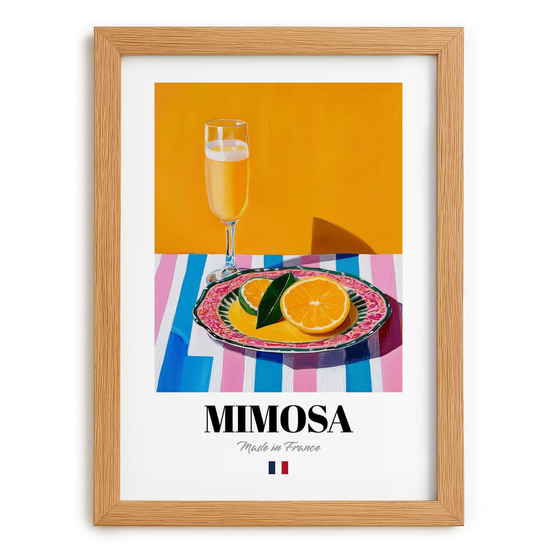 Mimosa – French Cocktail Drink, Cocktail Lounge Poster, set in oak frame