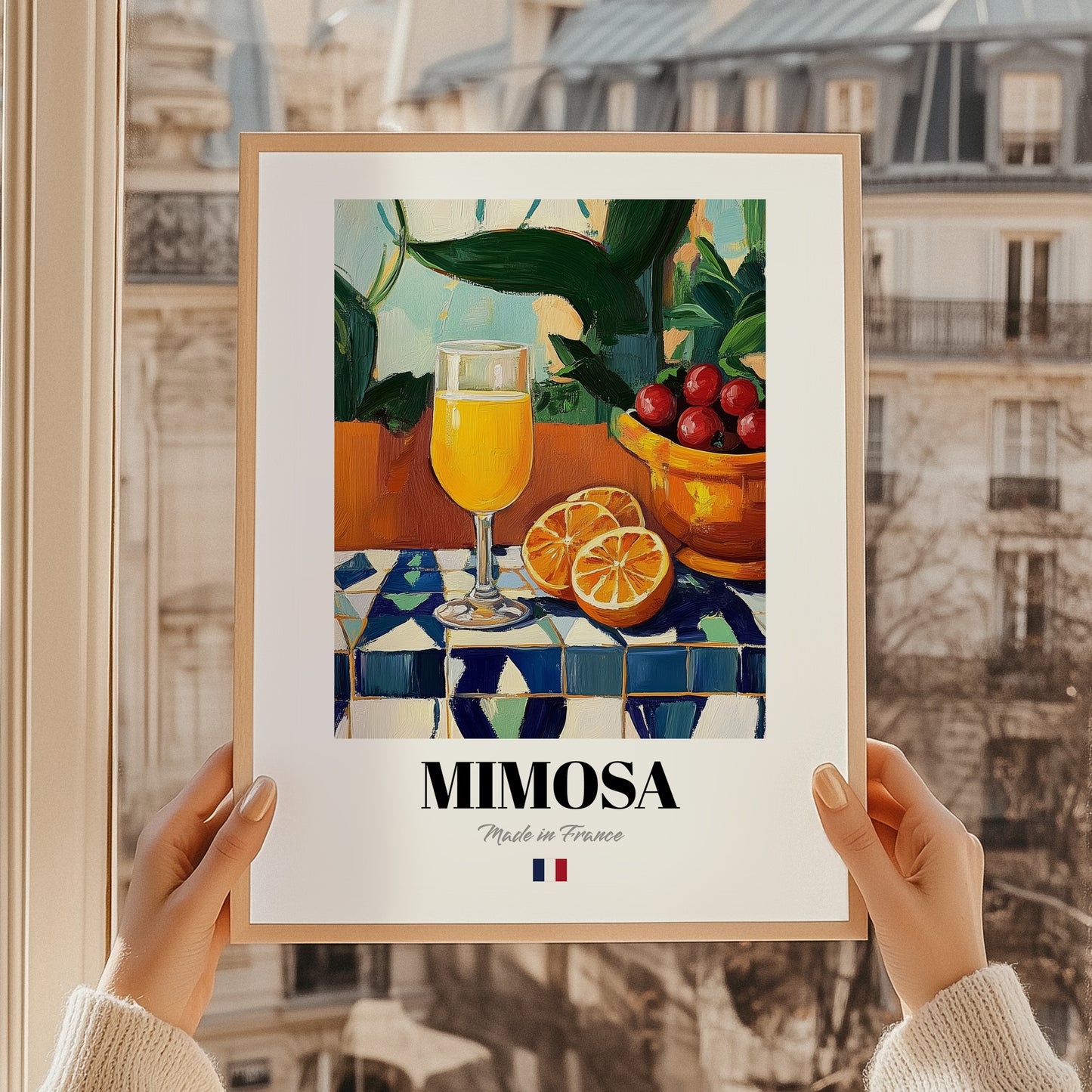Mimosa – French Cocktail Drink, Beach Bar Wall Art, styled in a charming Paris street view
