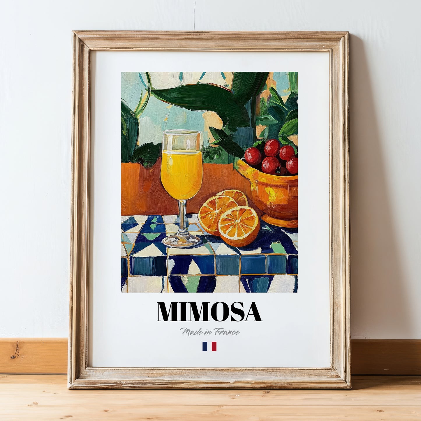 Mimosa – French Cocktail Drink, Beach Bar Wall Art, in wooden frame leaning on the floor