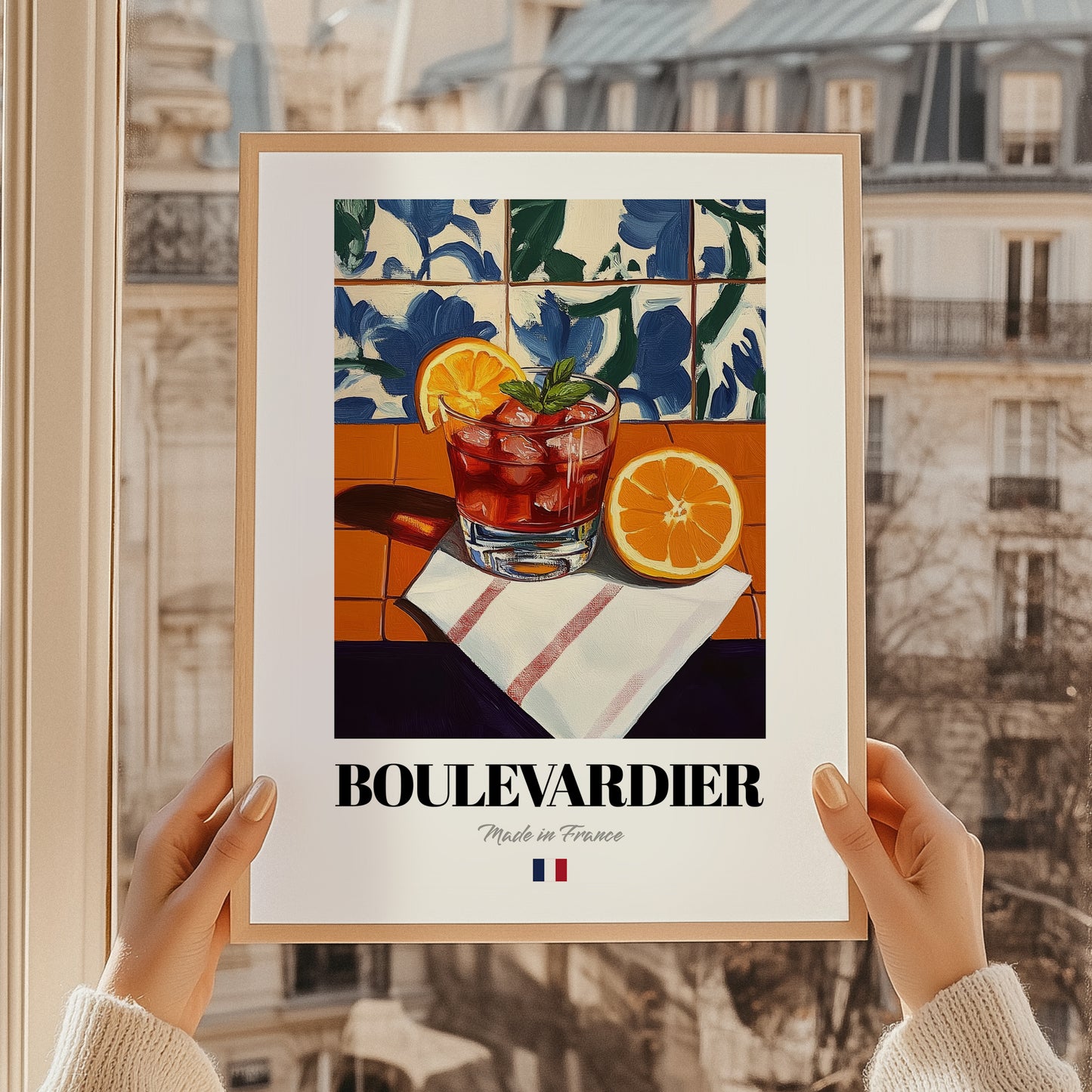 Boulevardier – French Cocktail Drink, Speakeasy Print, styled in a charming Paris street view