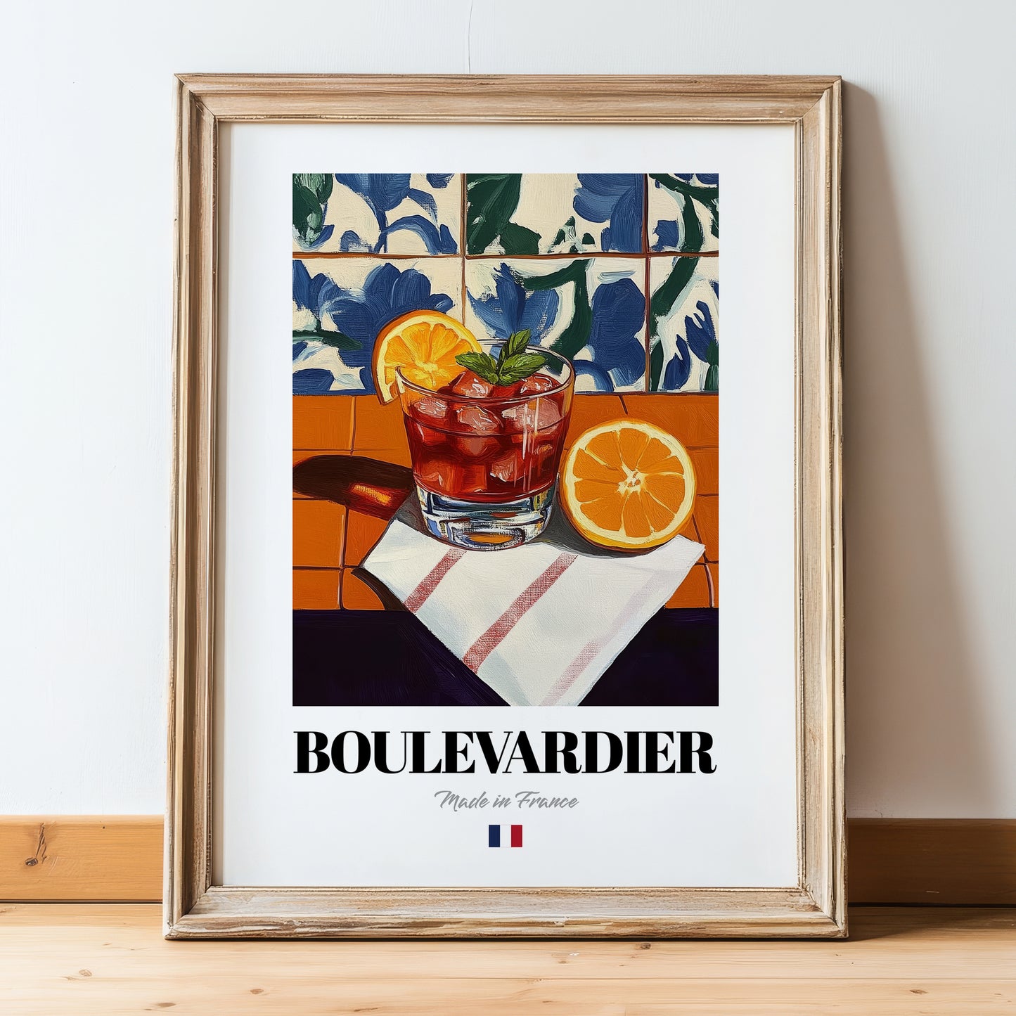 Boulevardier – French Cocktail Drink, Speakeasy Print, in wooden frame leaning on the floor