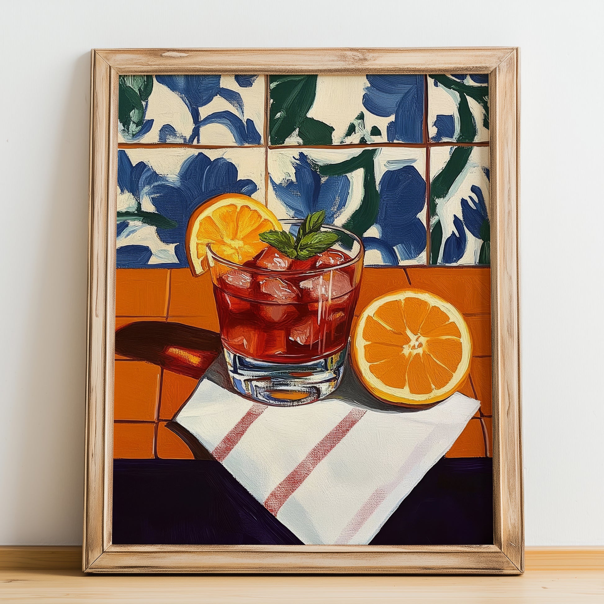 Boulevardier – French Cocktail Drink, Speakeasy Print, no-text version framed in wood