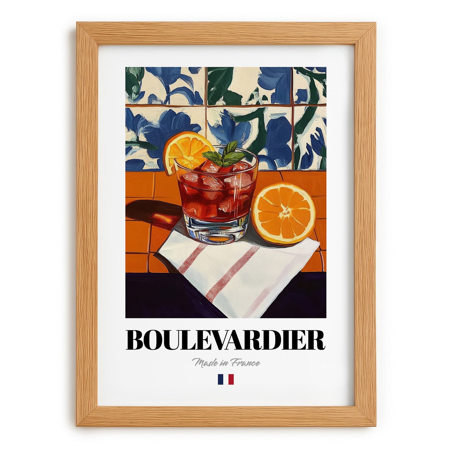 Boulevardier – French Cocktail Drink, Speakeasy Print, set in oak frame