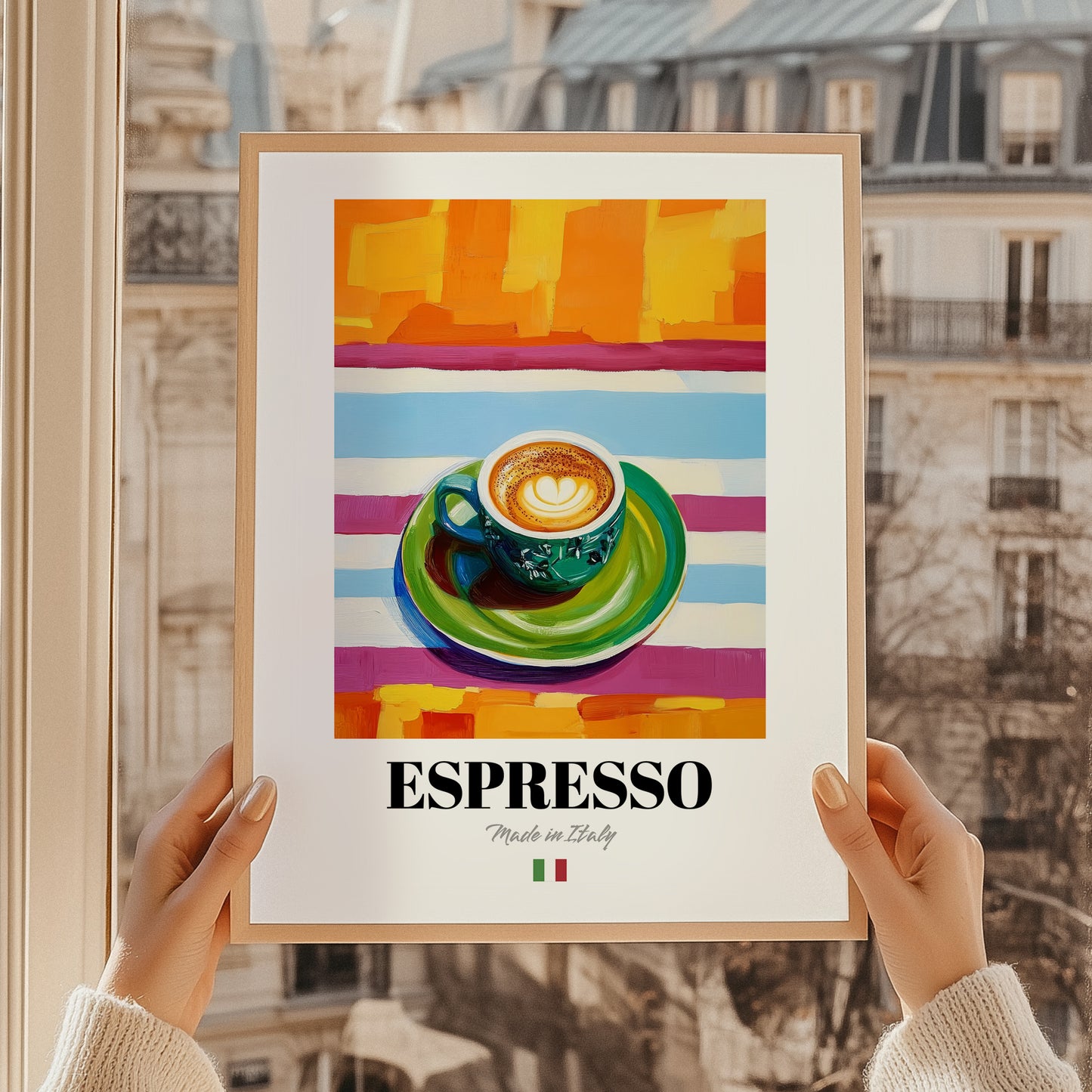 Espresso – Italian Coffee, Café Poster, styled in a charming Paris street view