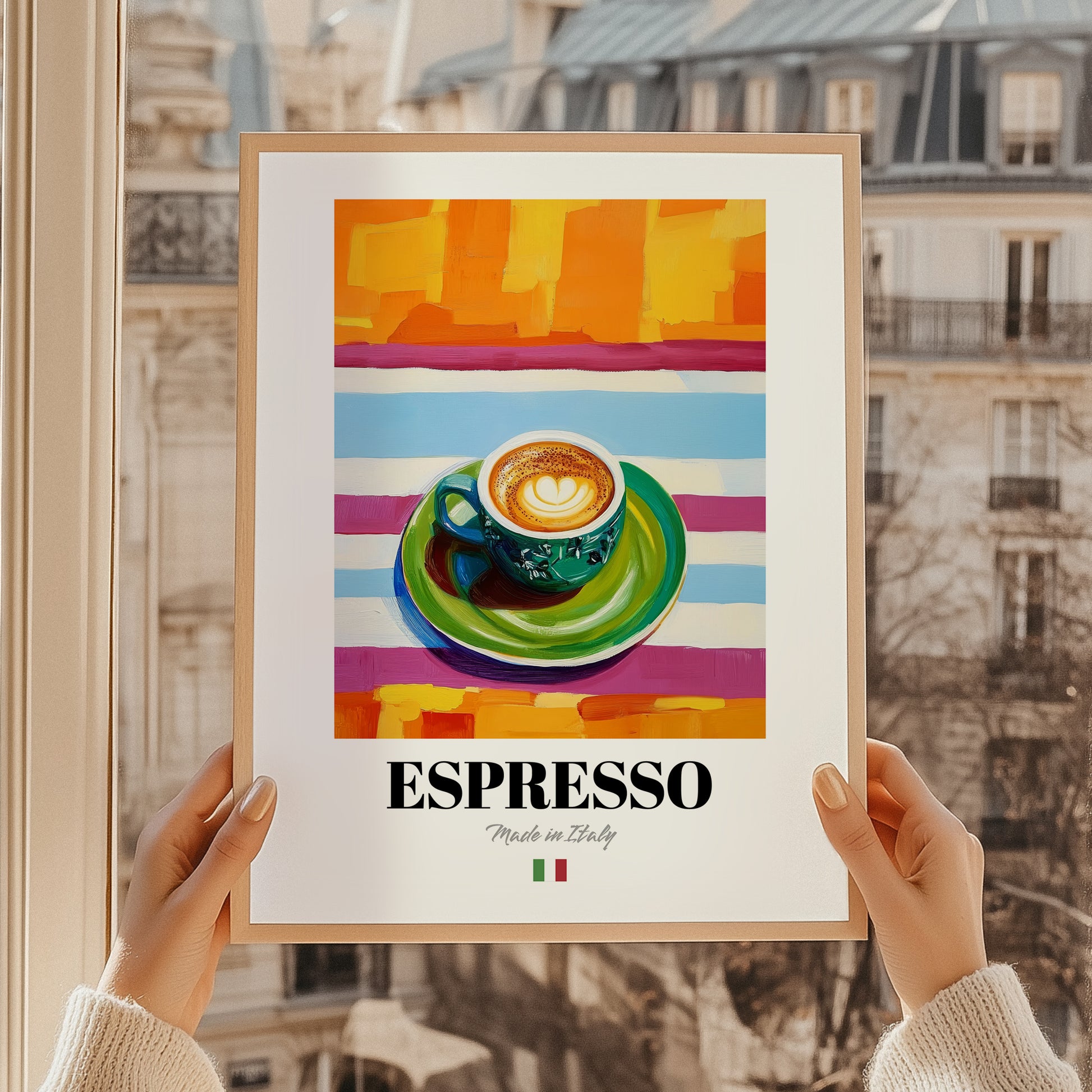 Espresso – Italian Coffee, Café Poster, styled in a charming Paris street view