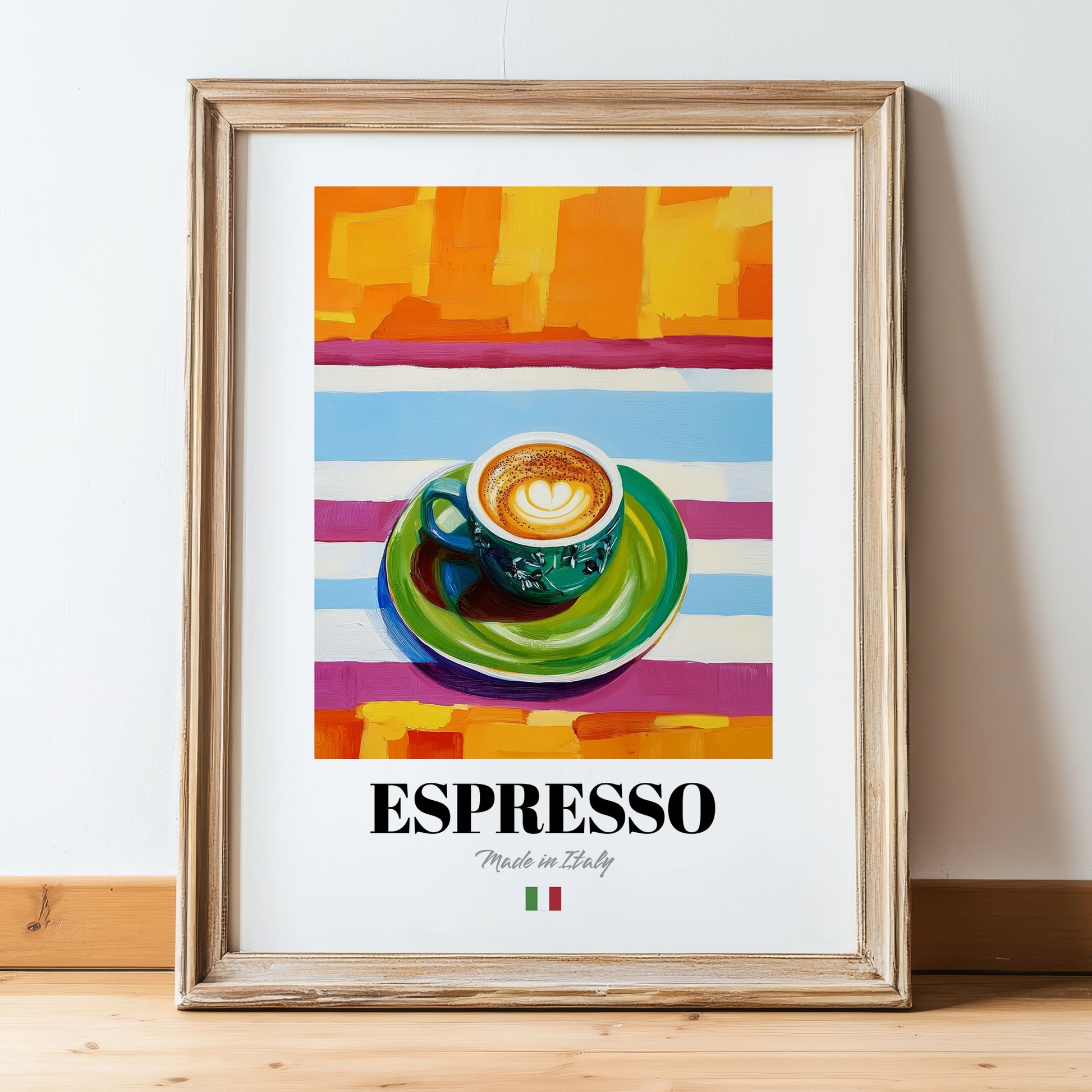 Espresso – Italian Coffee, Café Poster, in wooden frame leaning on the floor