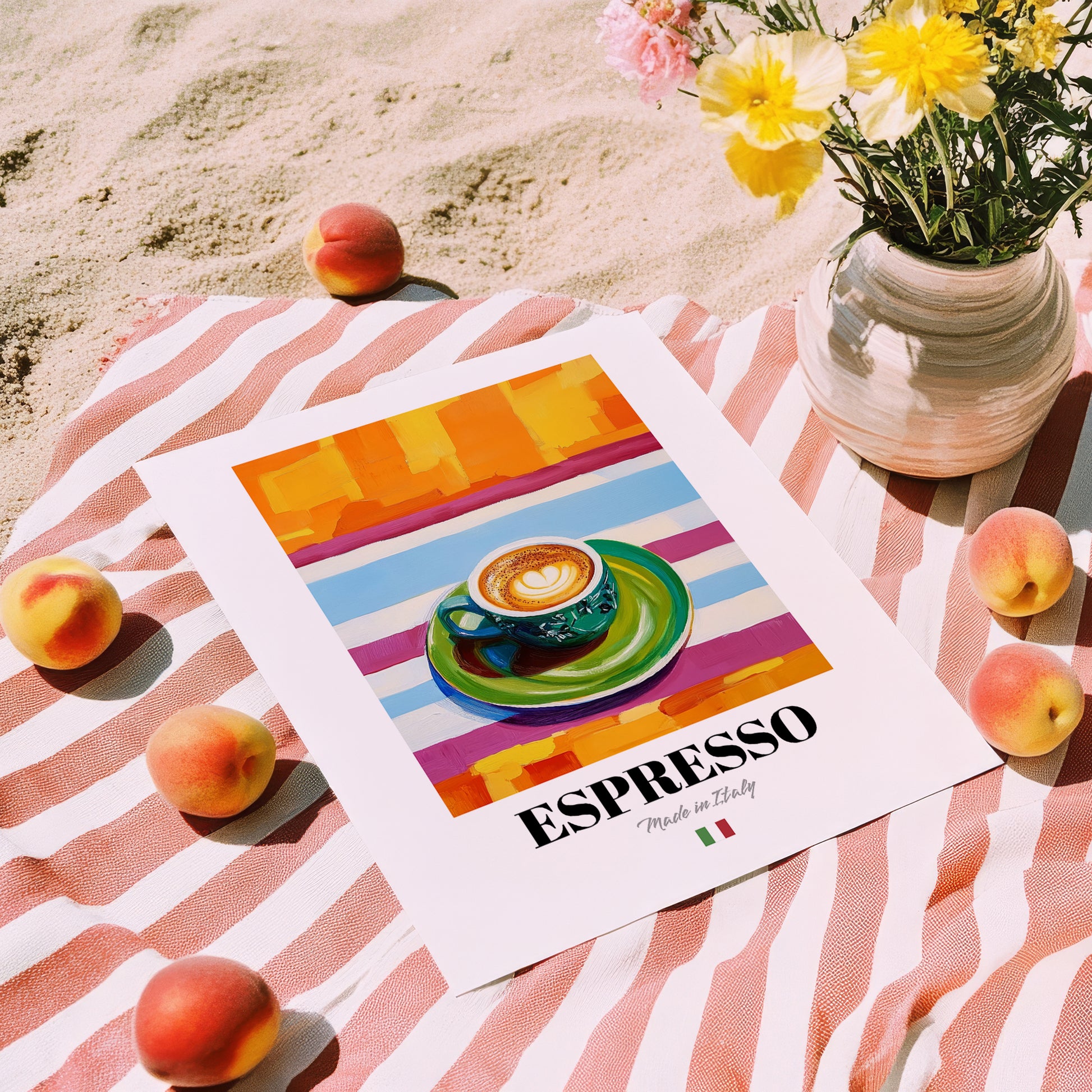 Espresso – Italian Coffee, Café Poster, unframed on coastal sand