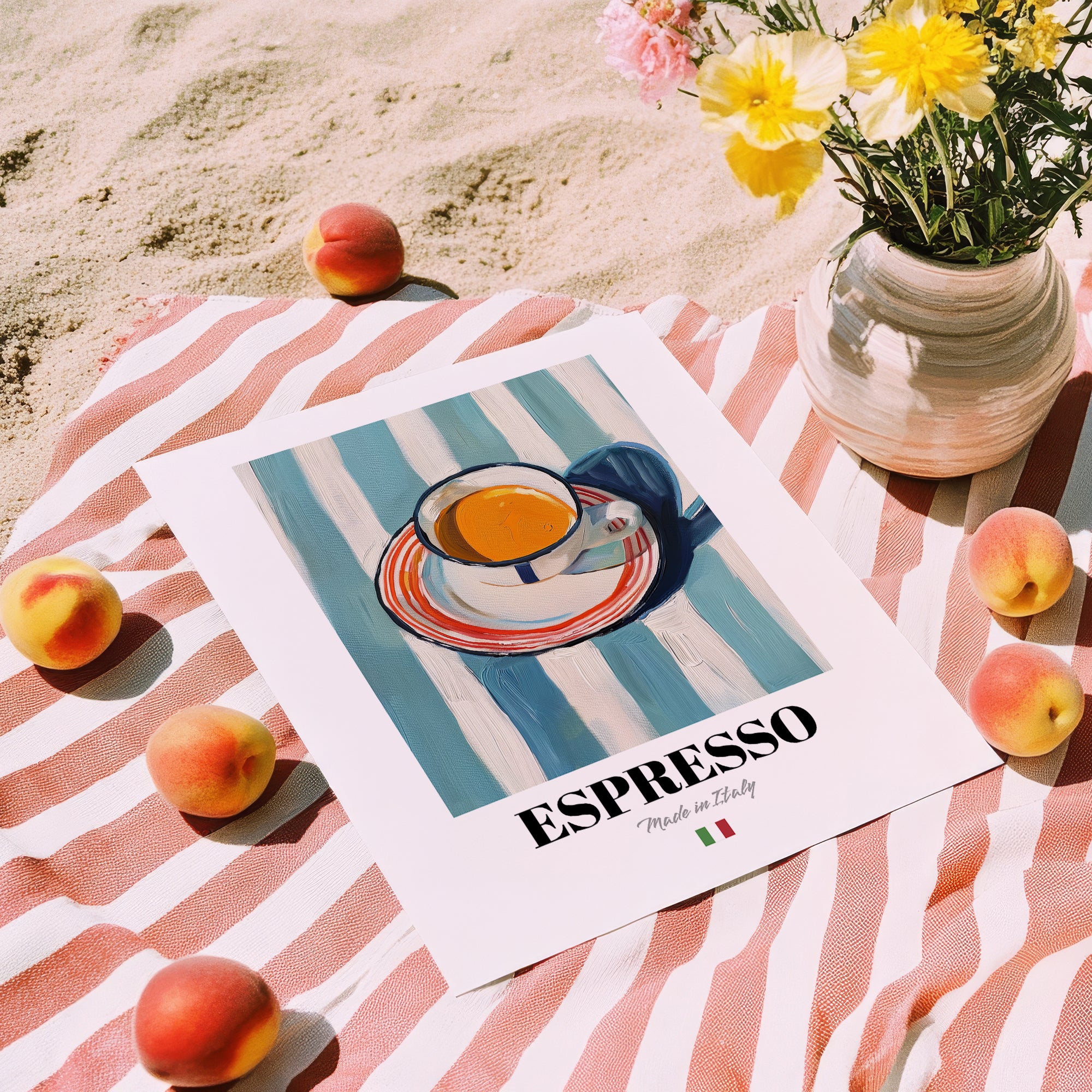 Espresso – Italian Coffee, Café Poster, unframed on coastal sand