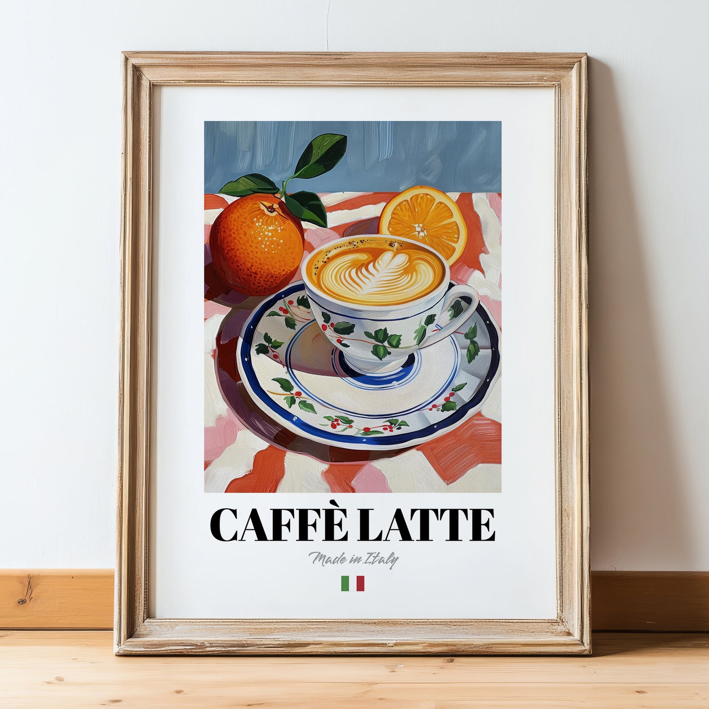 Caffè Latte – Italian Coffee, Espresso Bar Print, in wooden frame leaning on the floor