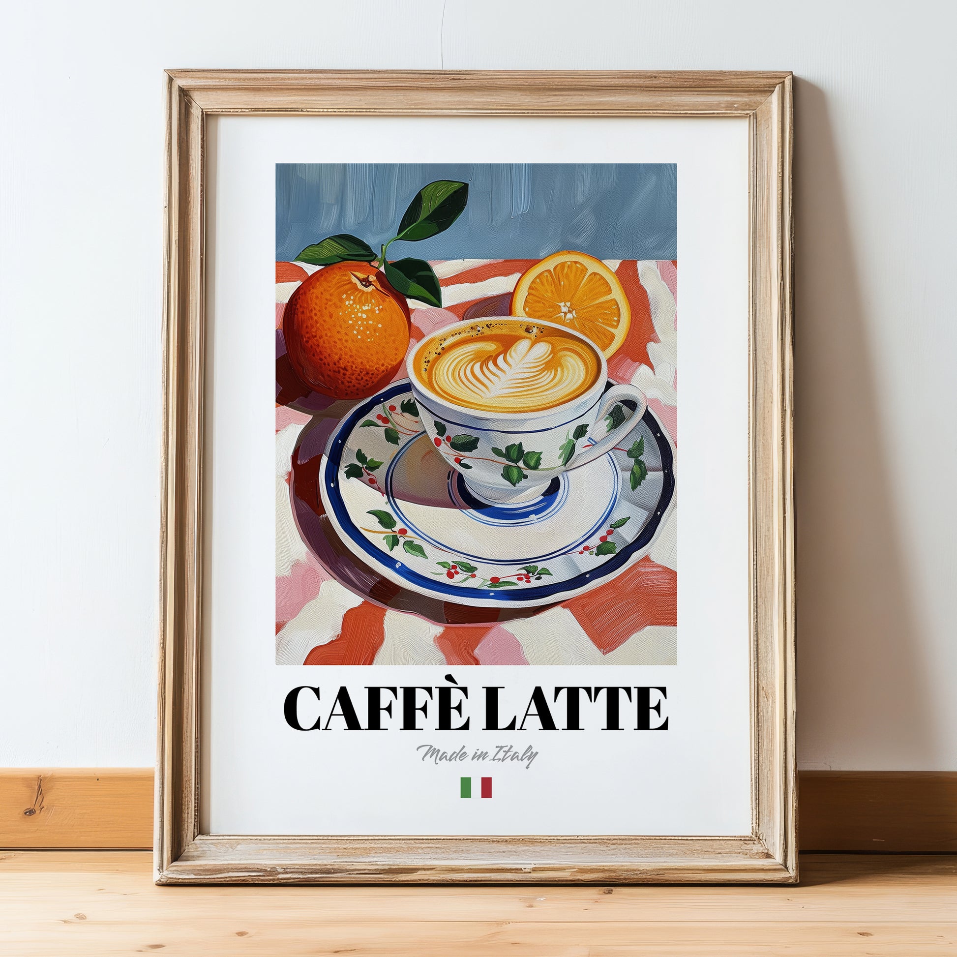 Caffè Latte – Italian Coffee, Espresso Bar Print, in wooden frame leaning on the floor