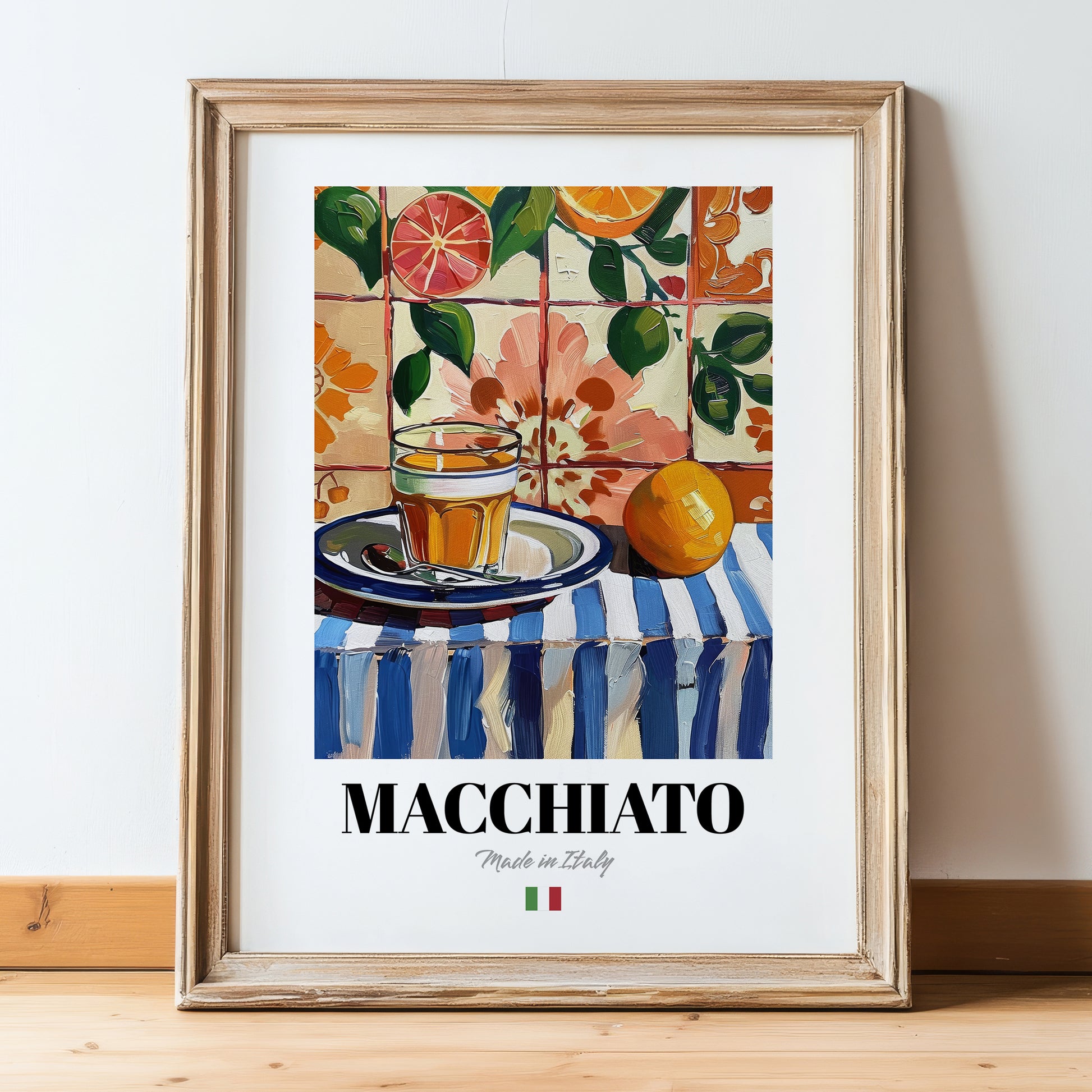 Macchiato – Italian Coffee, Café Print, in wooden frame leaning on the floor