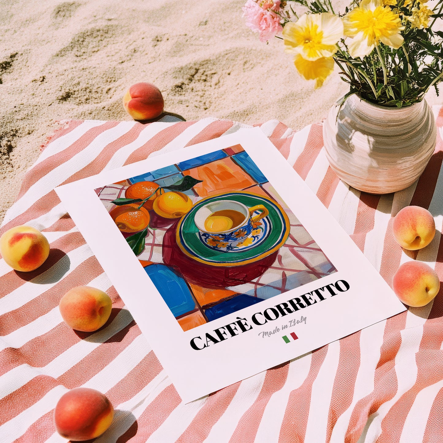 Caffè Corretto – Italian Coffee, Coffeehouse Poster, unframed on coastal sand