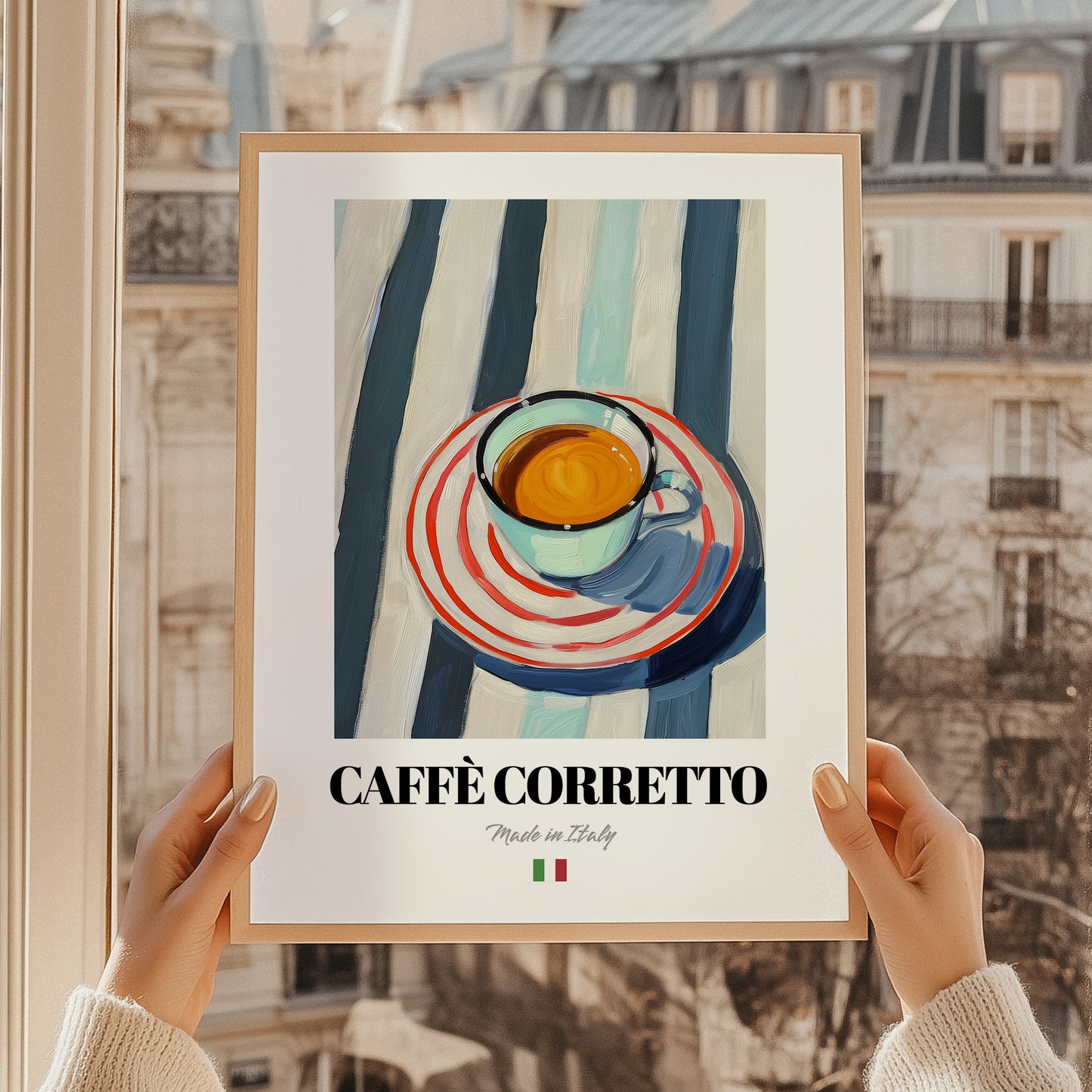 Caffè Corretto – Italian Coffee, Street Café Print, styled in a charming Paris street view