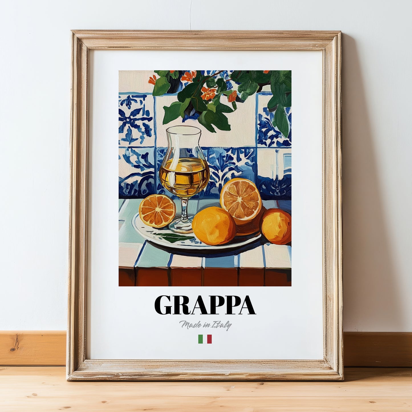 Grappa – Italian Spirit Drink, Cocktail Lounge Wall Art, in wooden frame leaning on the floor