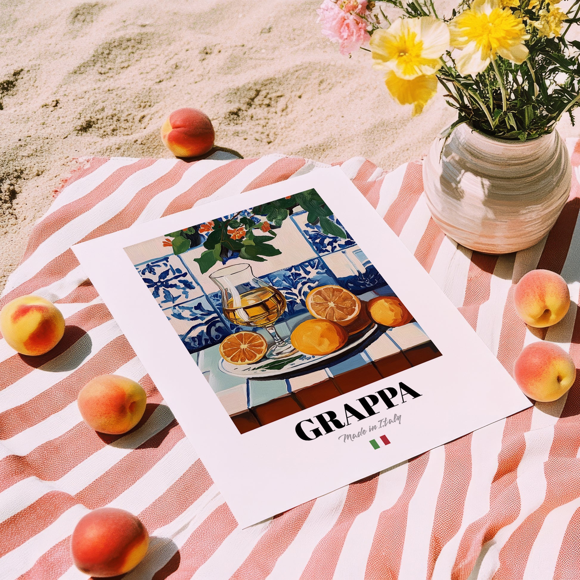 Grappa – Italian Spirit Drink, Cocktail Lounge Wall Art, unframed on coastal sand