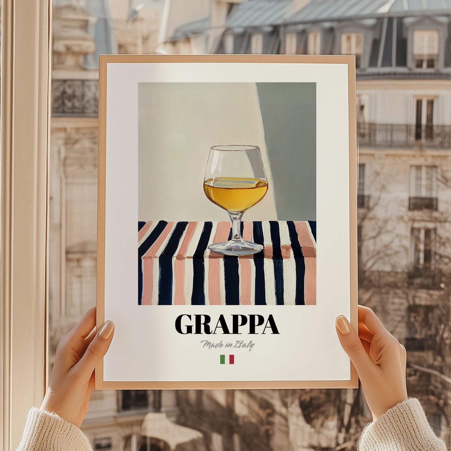 Grappa – Italian Spirit Drink, Rooftop Terrace Illustration, styled in a charming Paris street view
