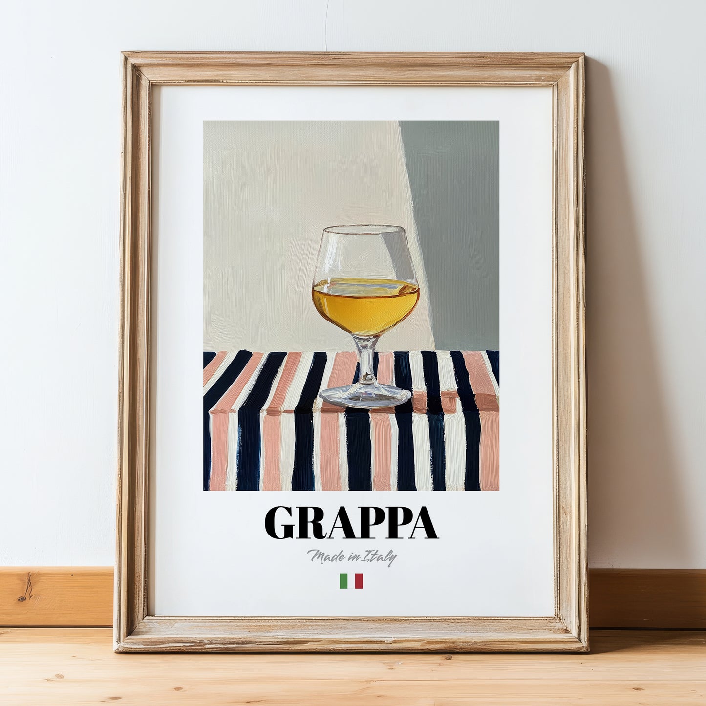 Grappa – Italian Spirit Drink, Rooftop Terrace Illustration, in wooden frame leaning on the floor