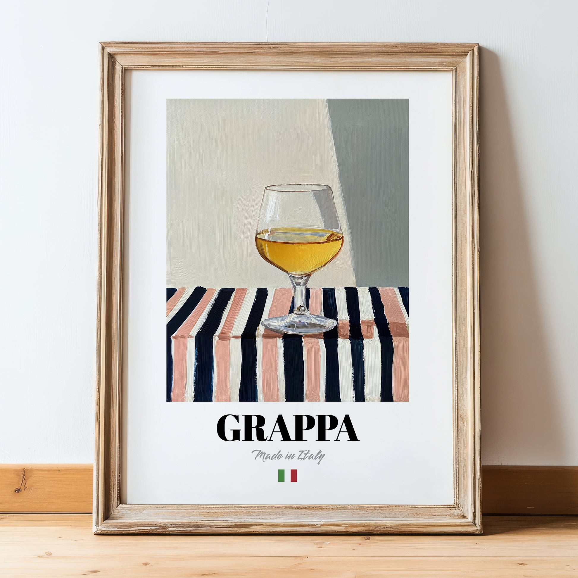 Grappa – Italian Spirit Drink, Rooftop Terrace Illustration, in wooden frame leaning on the floor