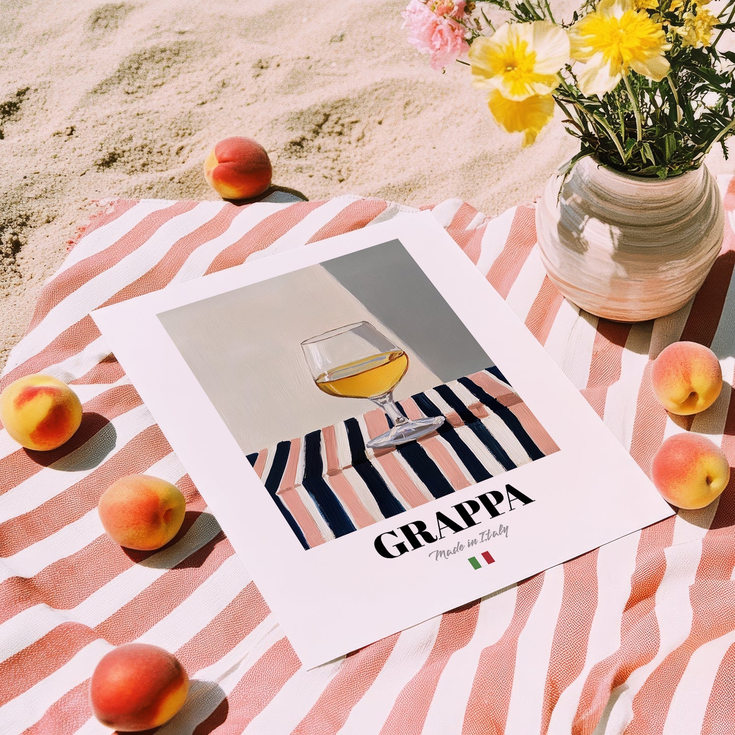 Grappa – Italian Spirit Drink, Rooftop Terrace Illustration, unframed on coastal sand