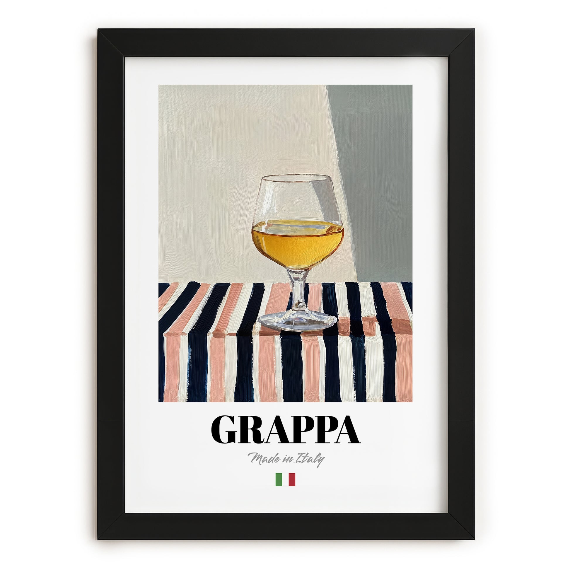 Grappa – Italian Spirit Drink, Rooftop Terrace Illustration, in sleek black frame
