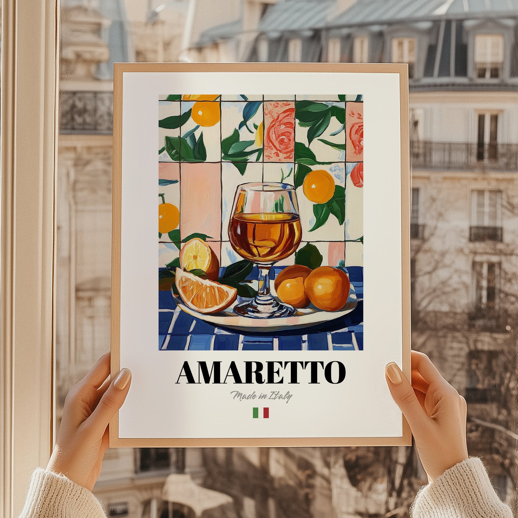 Amaretto – Italian Liqueur Drink, Hotel Lobby Poster, styled in a charming Paris street view