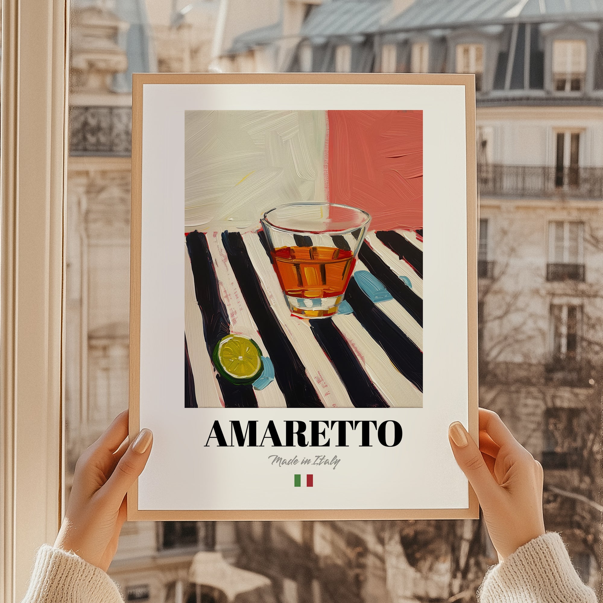 Amaretto – Italian Liqueur Drink, Sky Bar Print, styled in a charming Paris street view