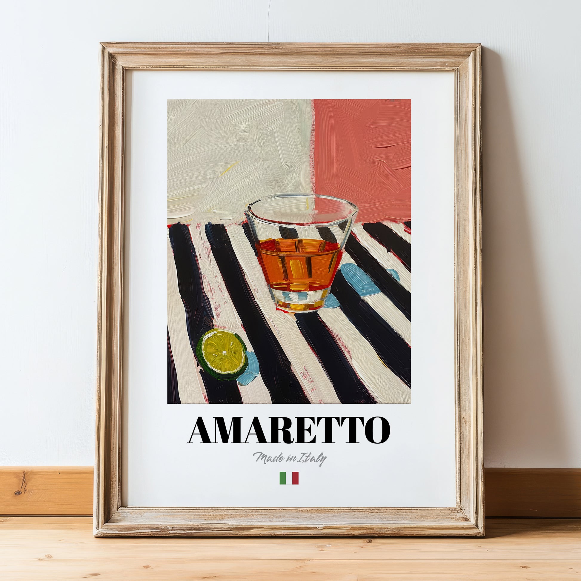 Amaretto – Italian Liqueur Drink, Sky Bar Print, in wooden frame leaning on the floor